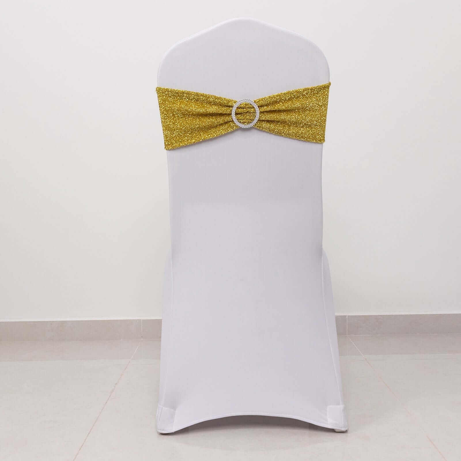 5 Pack Chair Sashes Shimmer Tinsel Spandex 5"x12" with Silver Rhinestone Buckles Gold - Stylish Decor for Weddings - Bell Racket Store