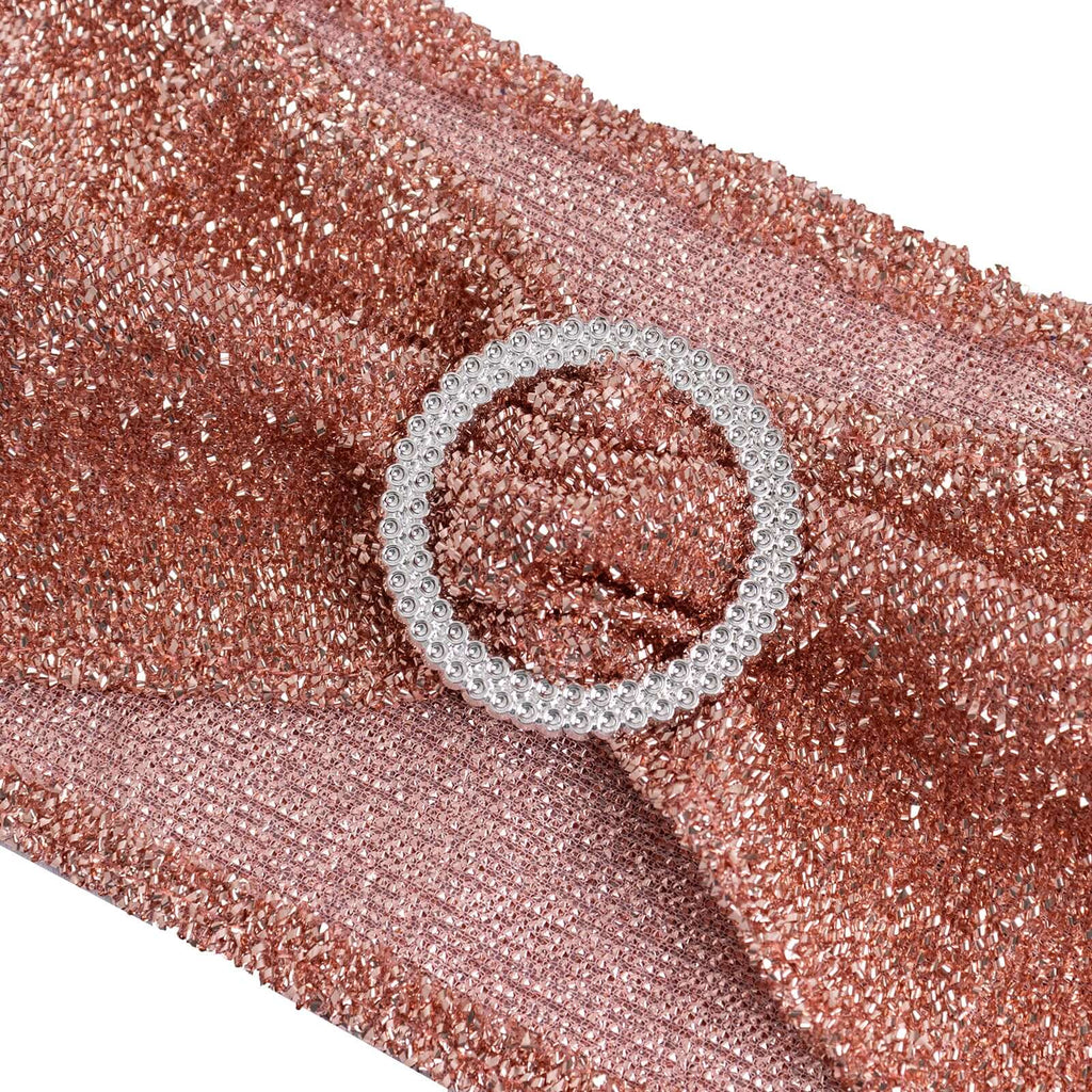 5 Pack Chair Sashes Shimmer Tinsel Spandex 5"x12" with Silver Rhinestone Buckles Rose Gold - Bell Racket Store