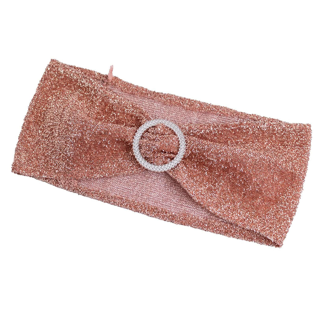 5 Pack Chair Sashes Shimmer Tinsel Spandex 5"x12" with Silver Rhinestone Buckles Rose Gold - Bell Racket Store