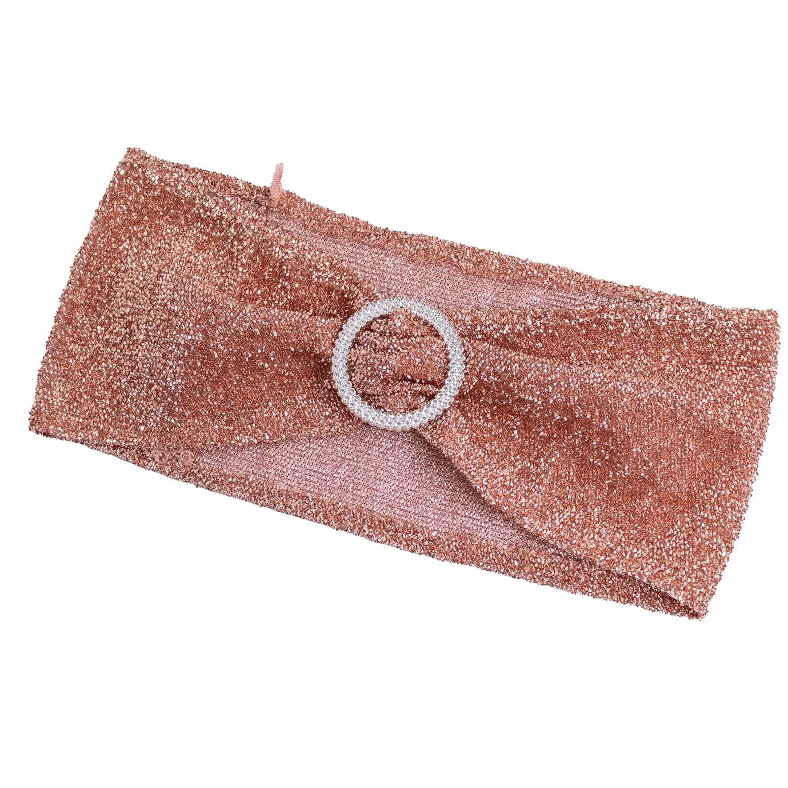 5 Pack Chair Sashes Shimmer Tinsel Spandex 5"x12" with Silver Rhinestone Buckles Rose Gold - Bell Racket Store