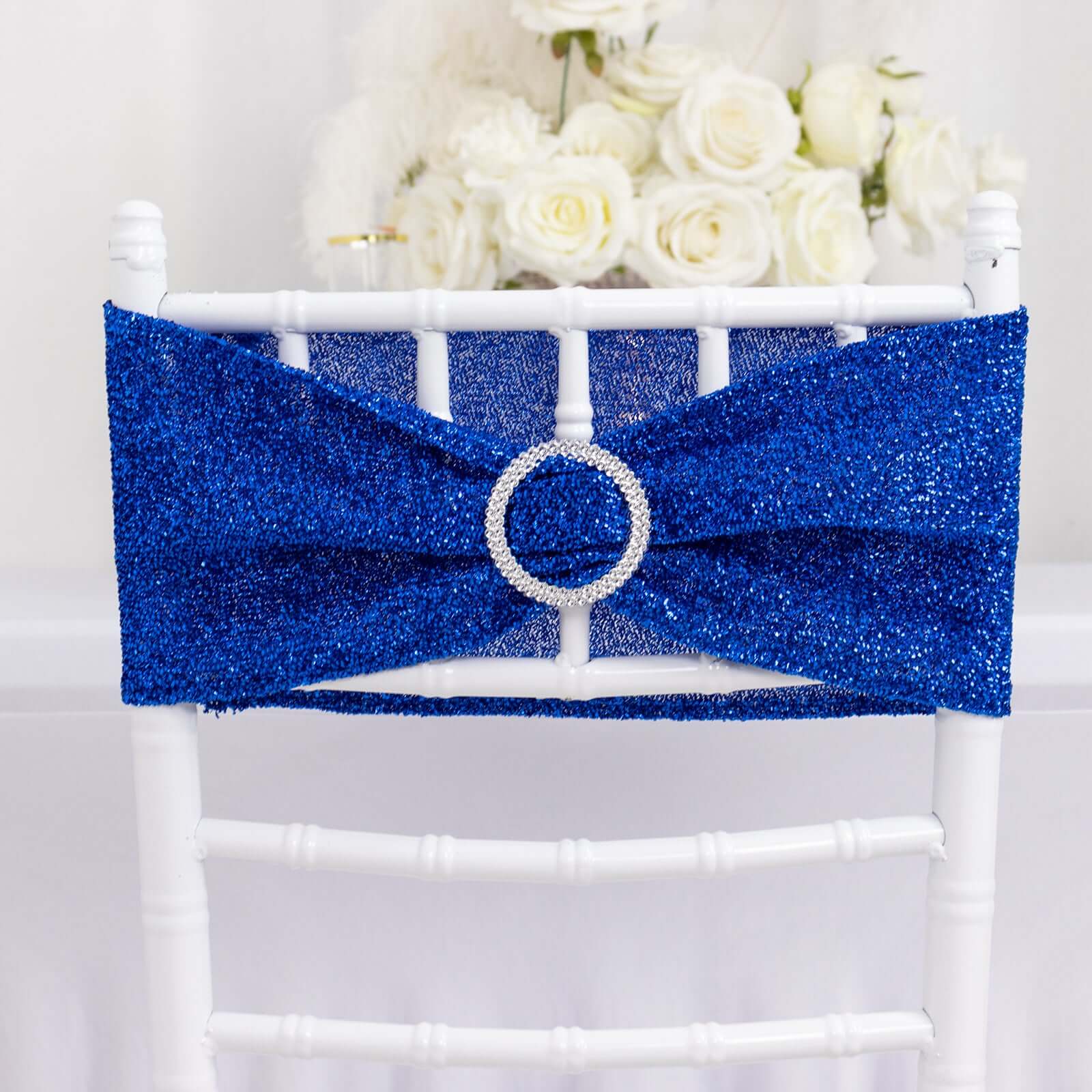 5 Pack Chair Sashes Shimmer Tinsel Spandex 5"x12" with Silver Rhinestone Buckles Royal Blue - Stylish Chair Bands - Bell Racket Store