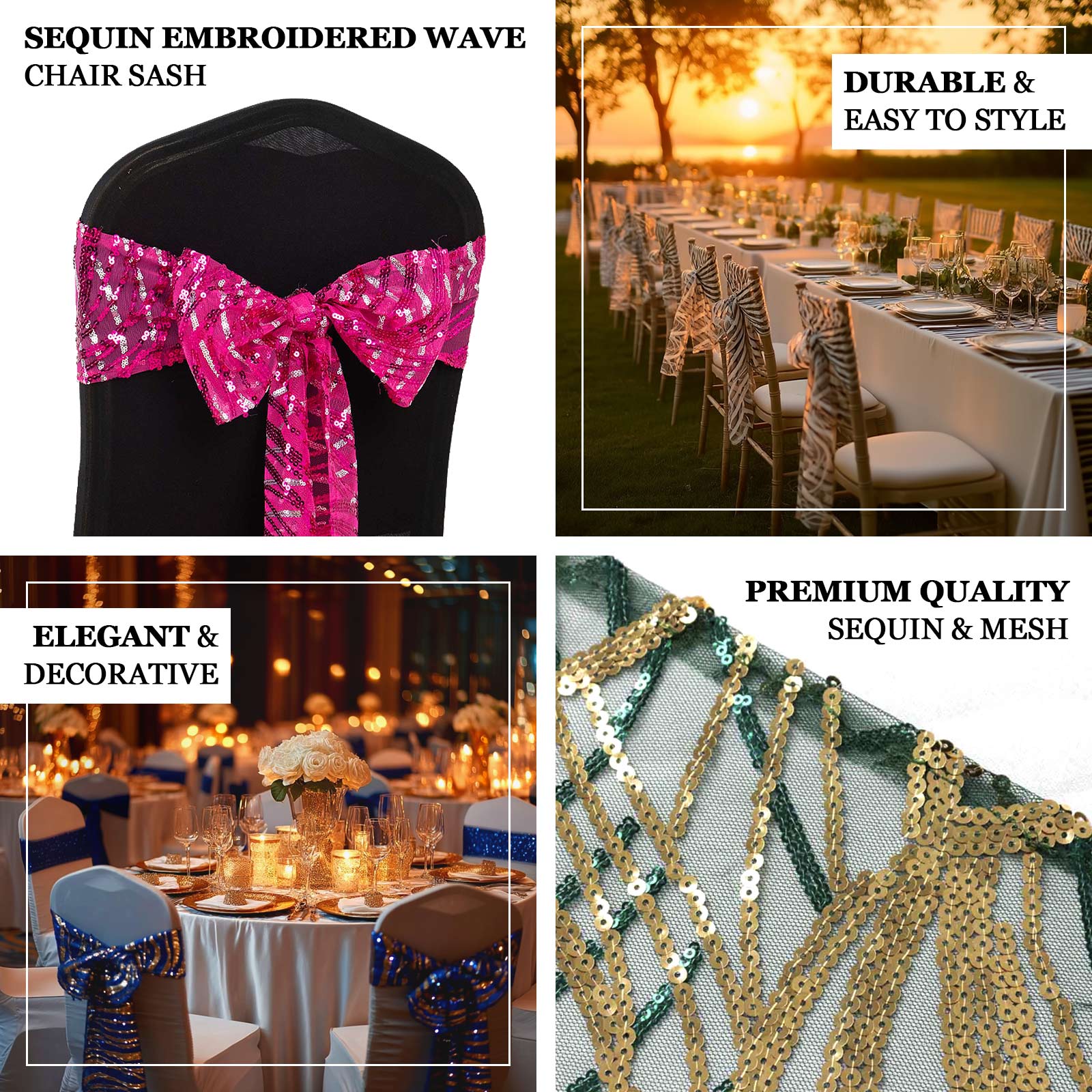 5 Pack Chair Sashes with Wave Embroidered Sequins Black/Gold 6"x88" - Stylish Glittering Decor for Weddings - Bell Racket Store