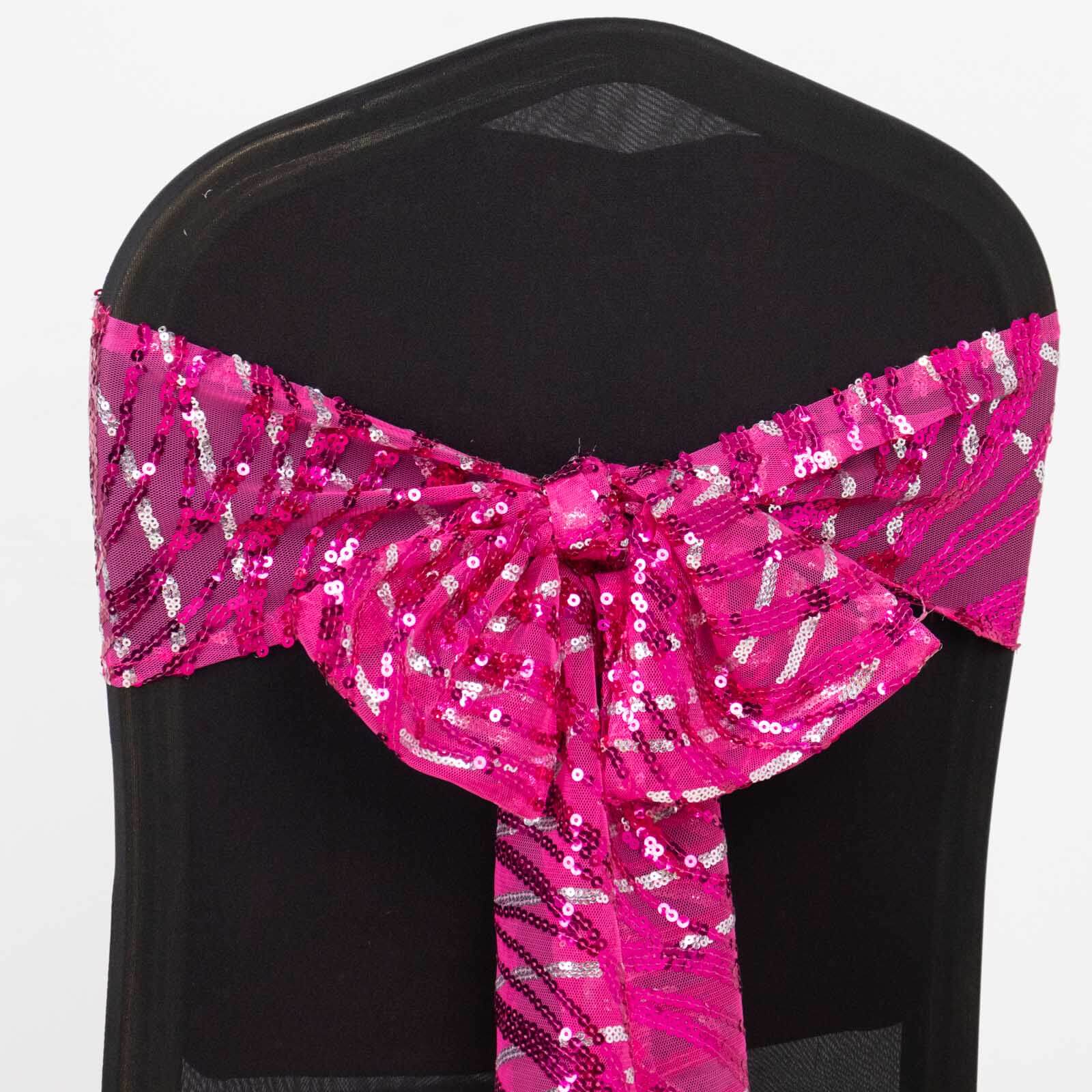 5 Pack Chair Sashes with Wave Embroidered Sequins Fuchsia/Silver 6"x88" - Bell Racket Store