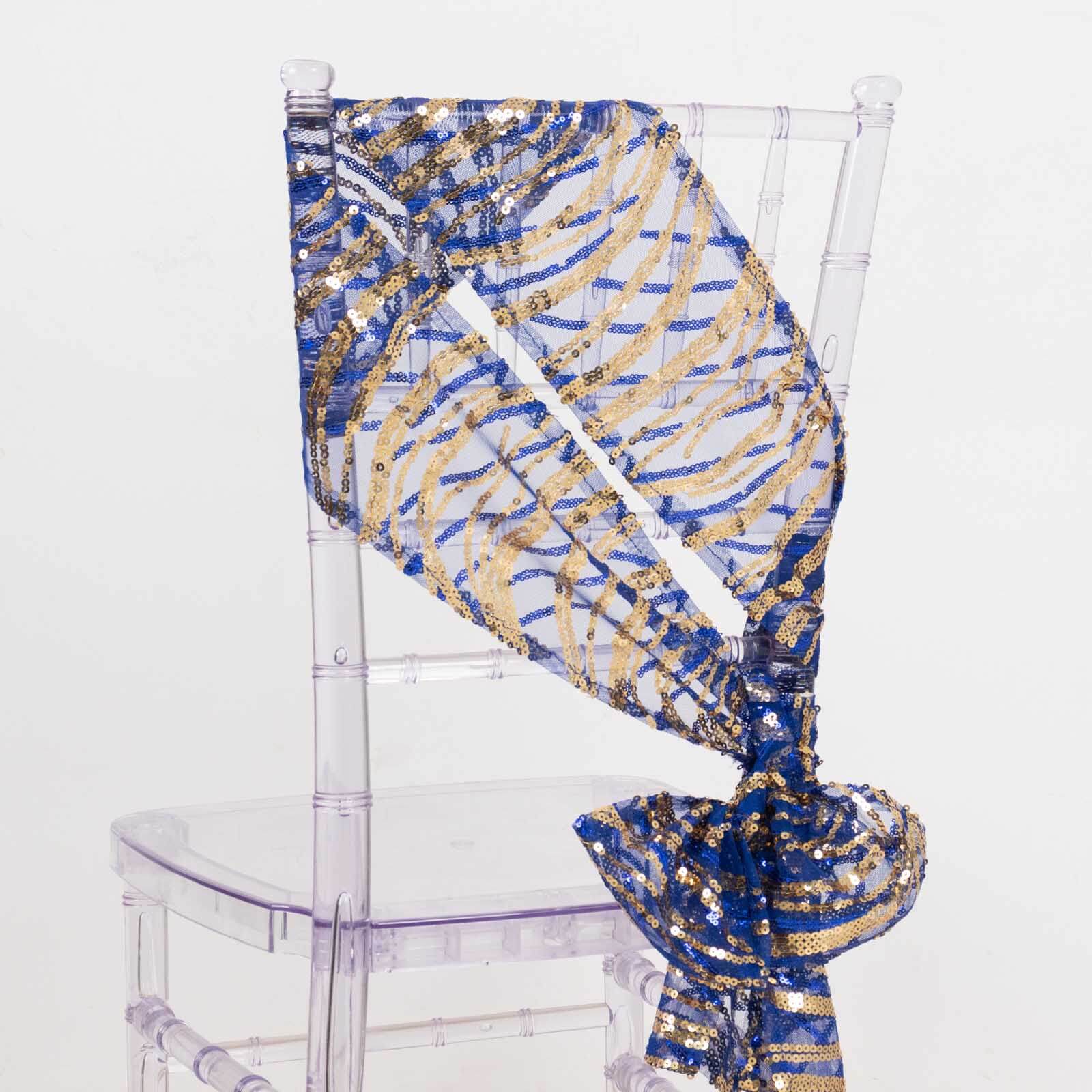 5 Pack Chair Sashes with Wave Embroidered Sequins Royal Blue/Gold 6"x88" - Bell Racket Store