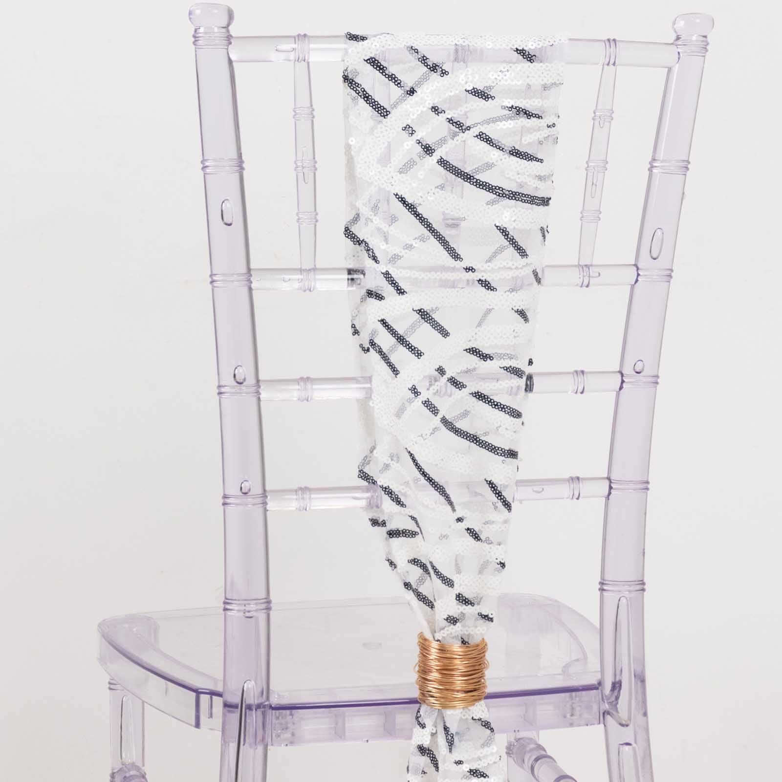 5 Pack Chair Sashes with Wave Embroidered Sequins White/Black 6"x88" - Stylish Glittering Decor for Weddings - Bell Racket Store