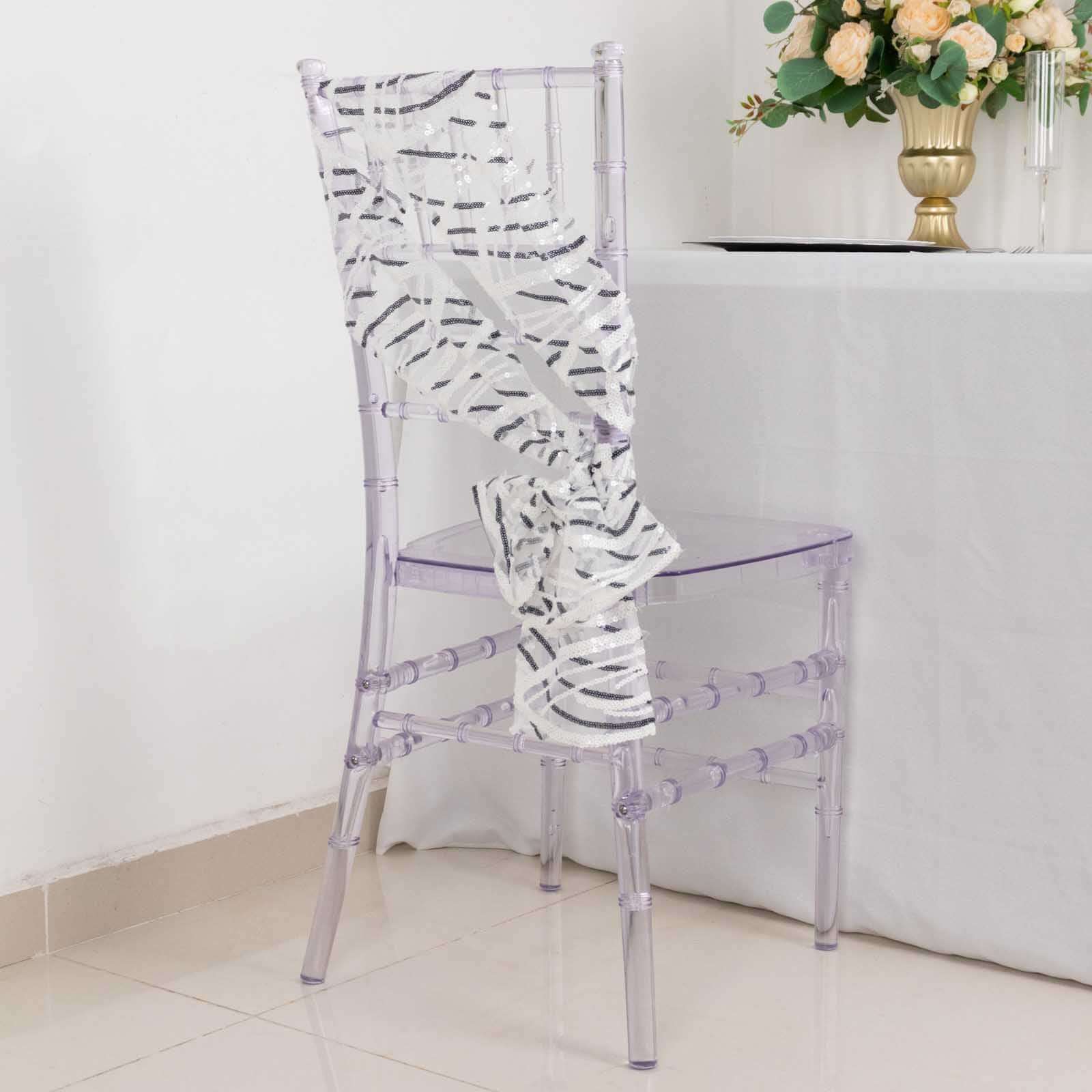 5 Pack Chair Sashes with Wave Embroidered Sequins White/Black 6"x88" - Stylish Glittering Decor for Weddings - Bell Racket Store