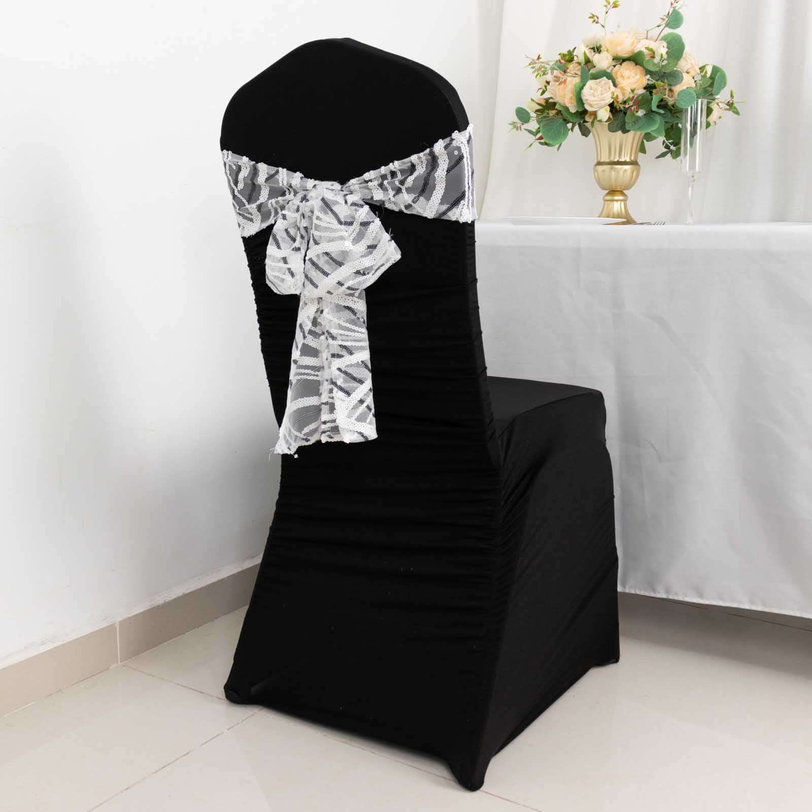 5 Pack Chair Sashes with Wave Embroidered Sequins White/Black 6"x88" - Stylish Glittering Decor for Weddings - Bell Racket Store