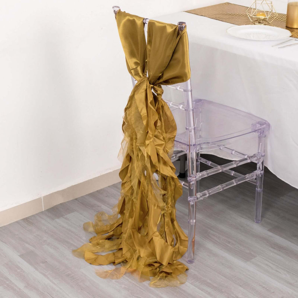 5 Pack Chiffon Satin Chair Sashes Gold - Easy to Install Lustrous Ruffled Curly Willow Wedding Chair Decorations - Bell Racket Store