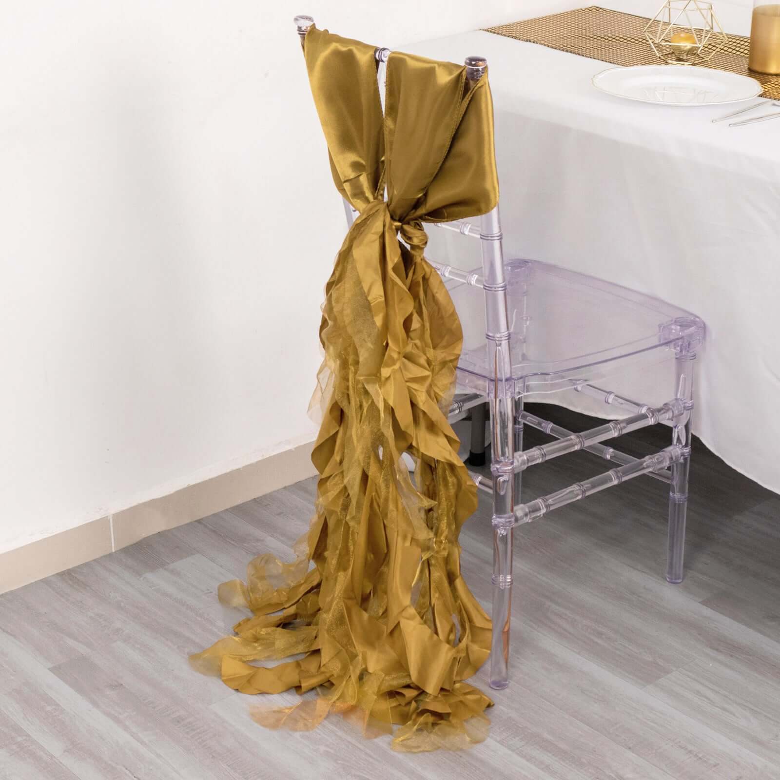 5 Pack Chiffon Satin Chair Sashes Gold - Easy to Install Lustrous Ruffled Curly Willow Wedding Chair Decorations - Bell Racket Store