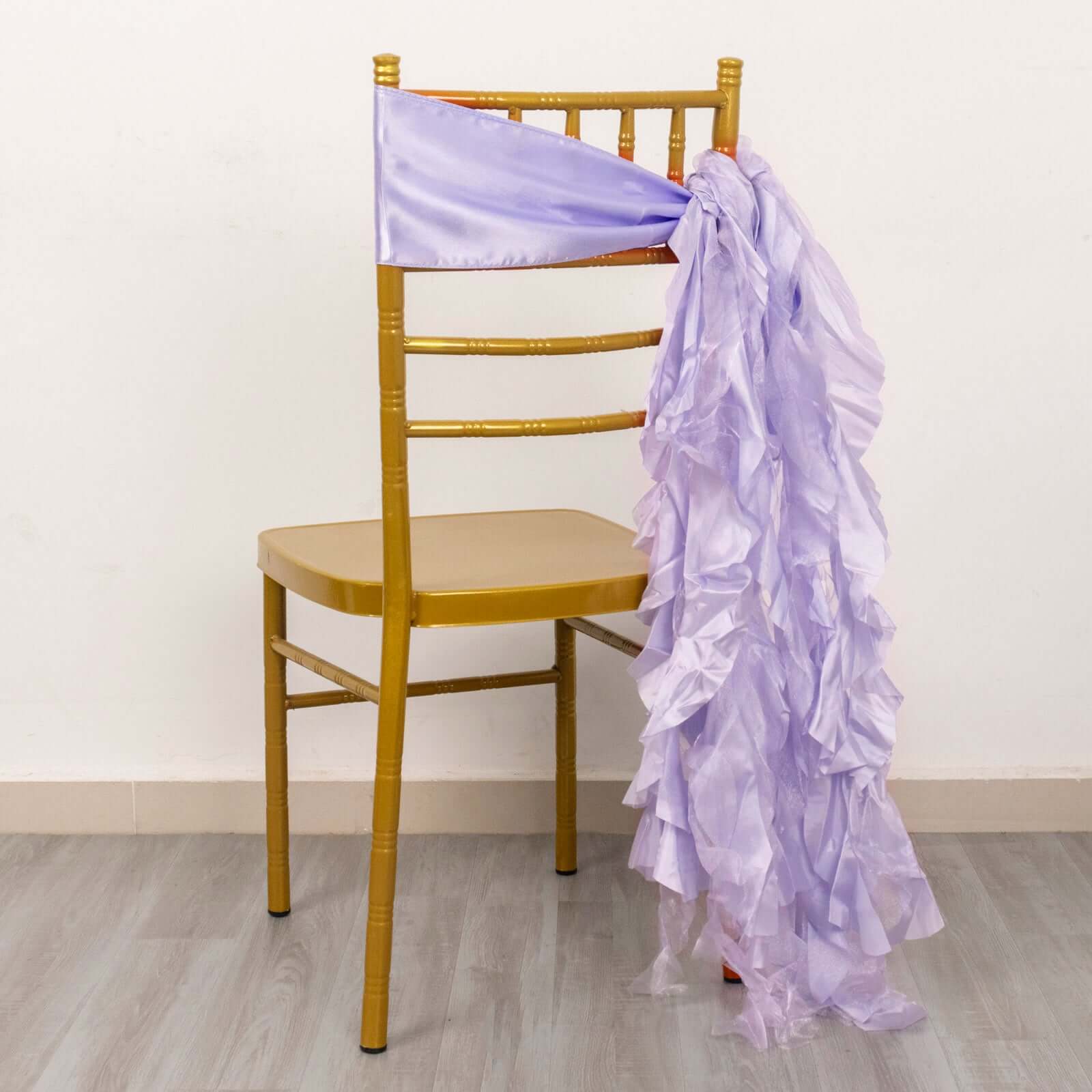 5 Pack Chiffon Satin Chair Sashes Lavender Lilac - Easy to Install Ruffled Curly Willow - Bell Racket Store