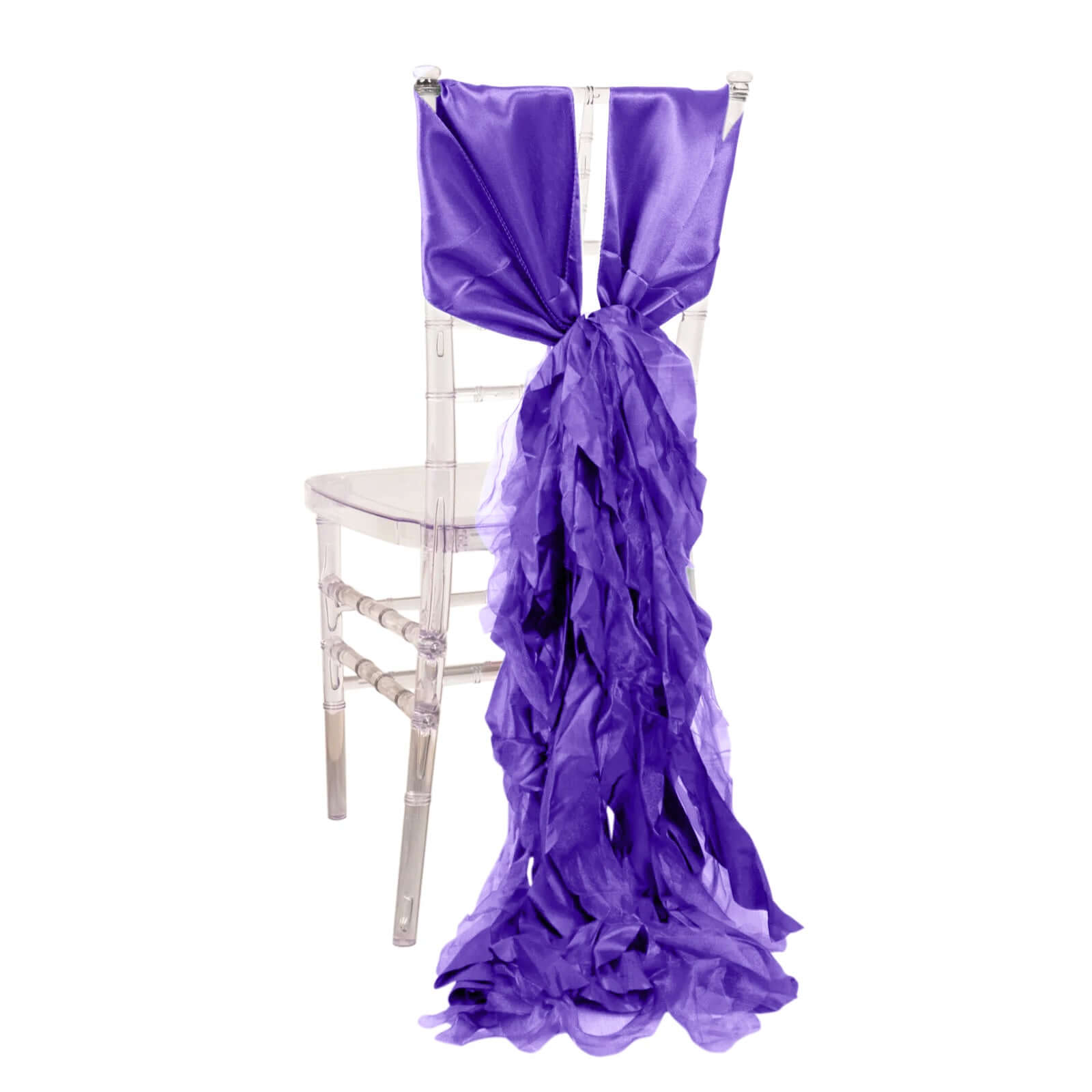 5 Pack Chiffon Satin Chair Sashes Purple - Easy to Install Ruffled Curly Willow - Bell Racket Store