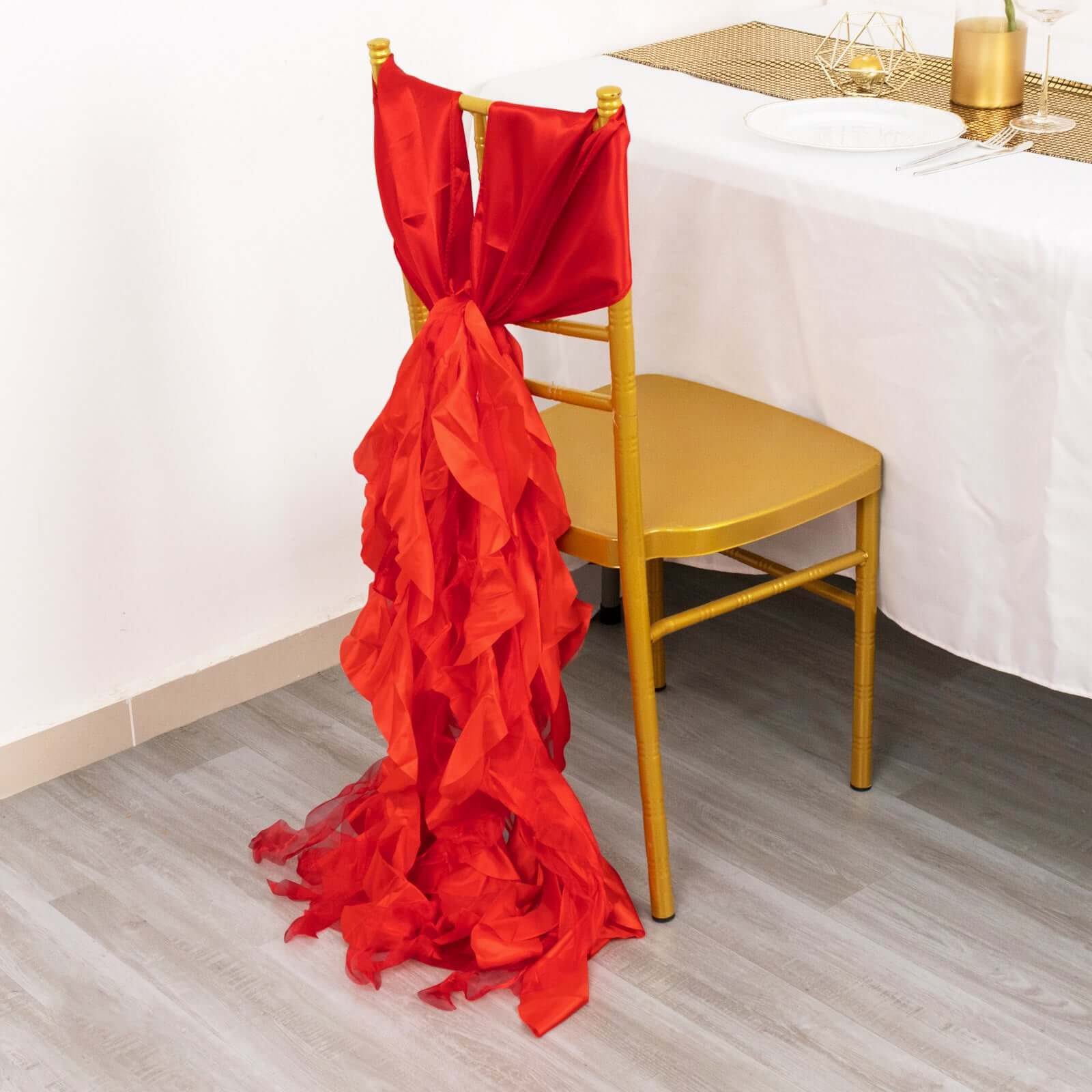 5 Pack Chiffon Satin Chair Sashes Red - Easy to Install Ruffled Curly Willow - Bell Racket Store