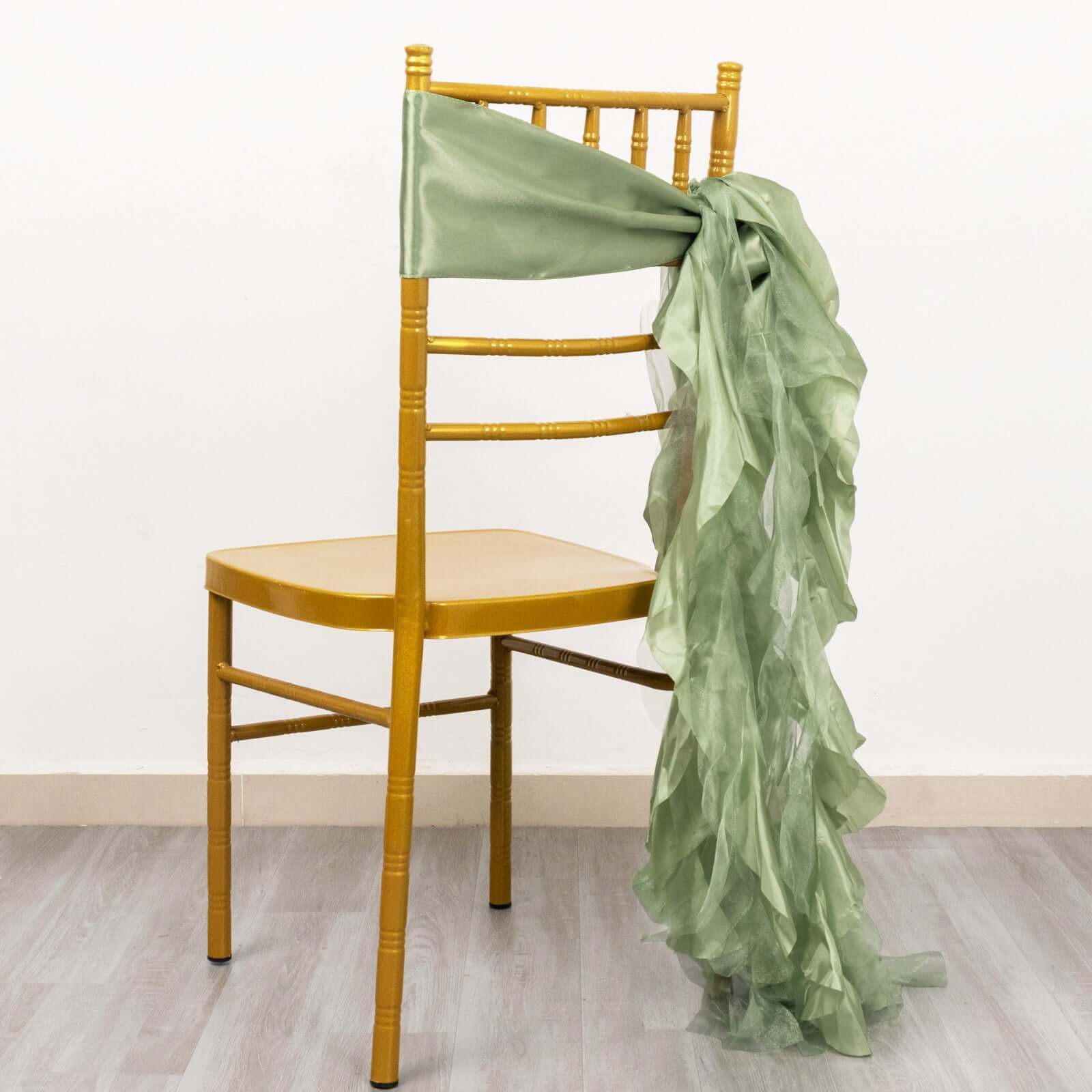 5 Pack Chiffon Satin Chair Sashes Sage Green - Easy to Install Ruffled Curly Willow - Bell Racket Store
