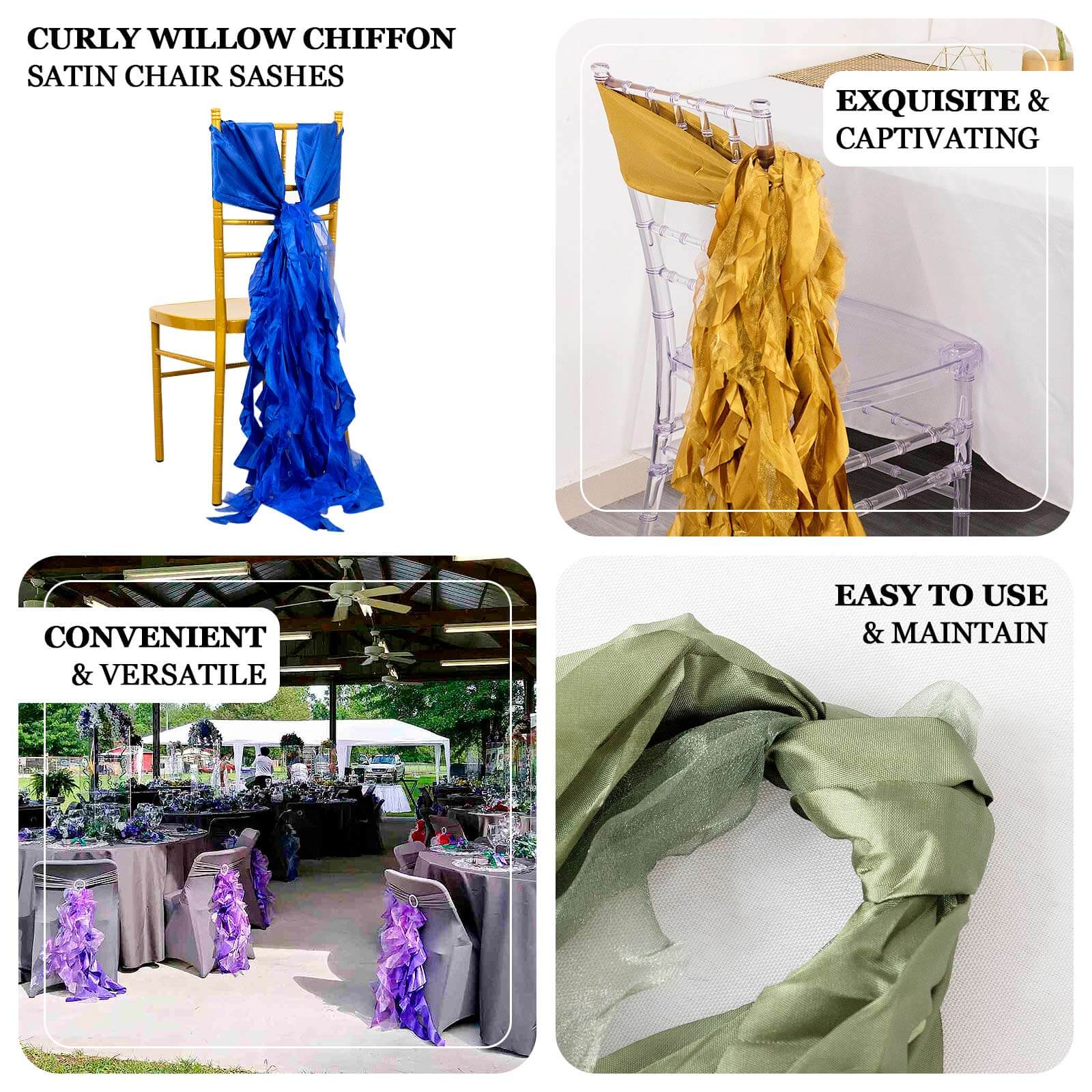 5 Pack Chiffon Satin Chair Sashes Sage Green - Easy to Install Ruffled Curly Willow - Bell Racket Store