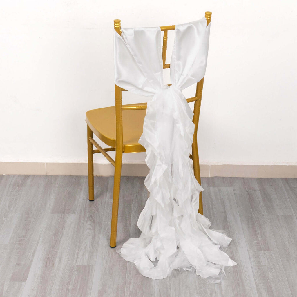 5 Pack Chiffon Satin Chair Sashes White - Easy to Install Lustrous Ruffled Curly Willow Wedding Chair Decorations - Bell Racket Store