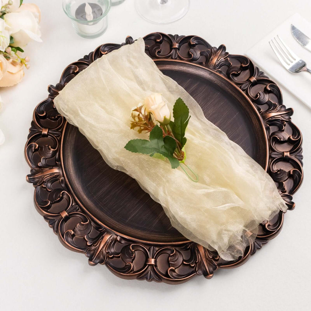 5 Pack Crinkled Organza 21"x21" Napkins Champagne - Rustic Style Dinner & Party Napkins - Bell Racket Store