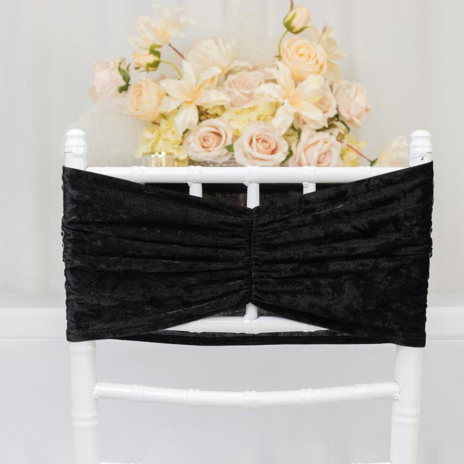 5 Pack Crushed Velvet Chair Bands Black Wide Ruffle Style - Textured Chair Sashes for Stunning Event Decor - 8"x15" - Bell Racket Store