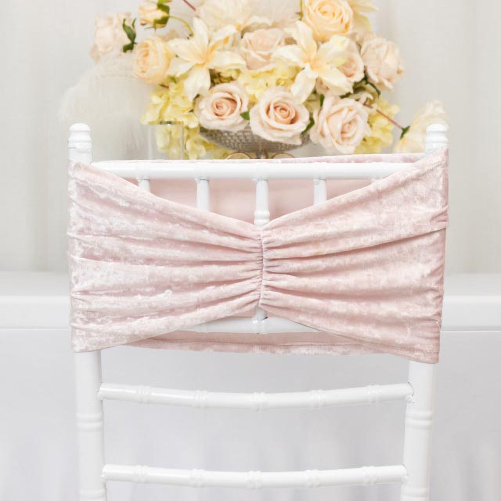 5 Pack Crushed Velvet Chair Bands Blush Wide Ruffle Style - Textured Chair Sashes for Stunning Event Decor - 8"x15" - Bell Racket Store
