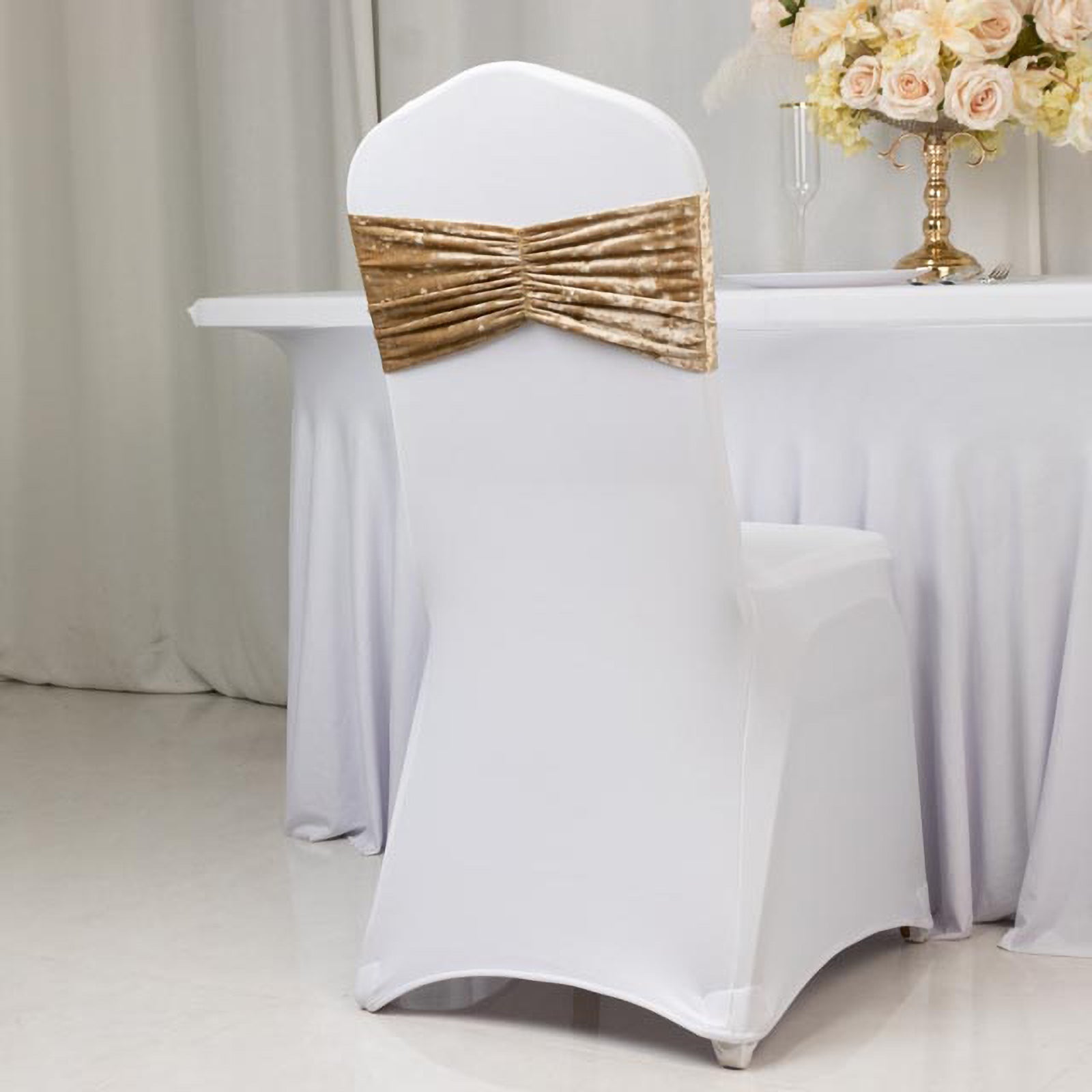 5 Pack Crushed Velvet Chair Bands Champagne Wide Ruffle Style - Textured Chair Sashes for Stunning Event Decor - 8"x15" - Bell Racket Store