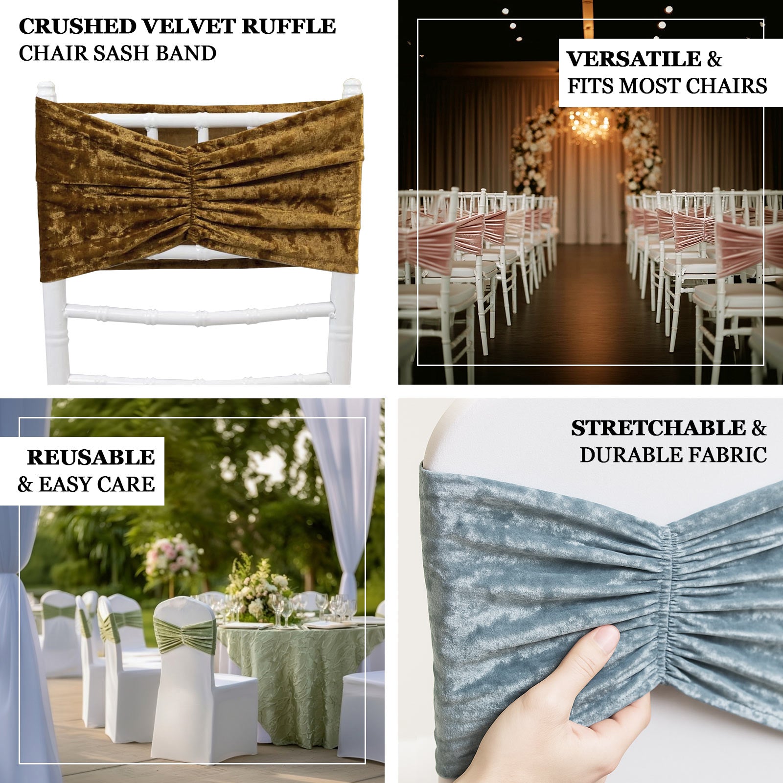 5 Pack Crushed Velvet Chair Bands Dusty Blue Wide Ruffle Style - Textured Chair Sashes for Stunning Event Decor - 8"x15" - Bell Racket Store