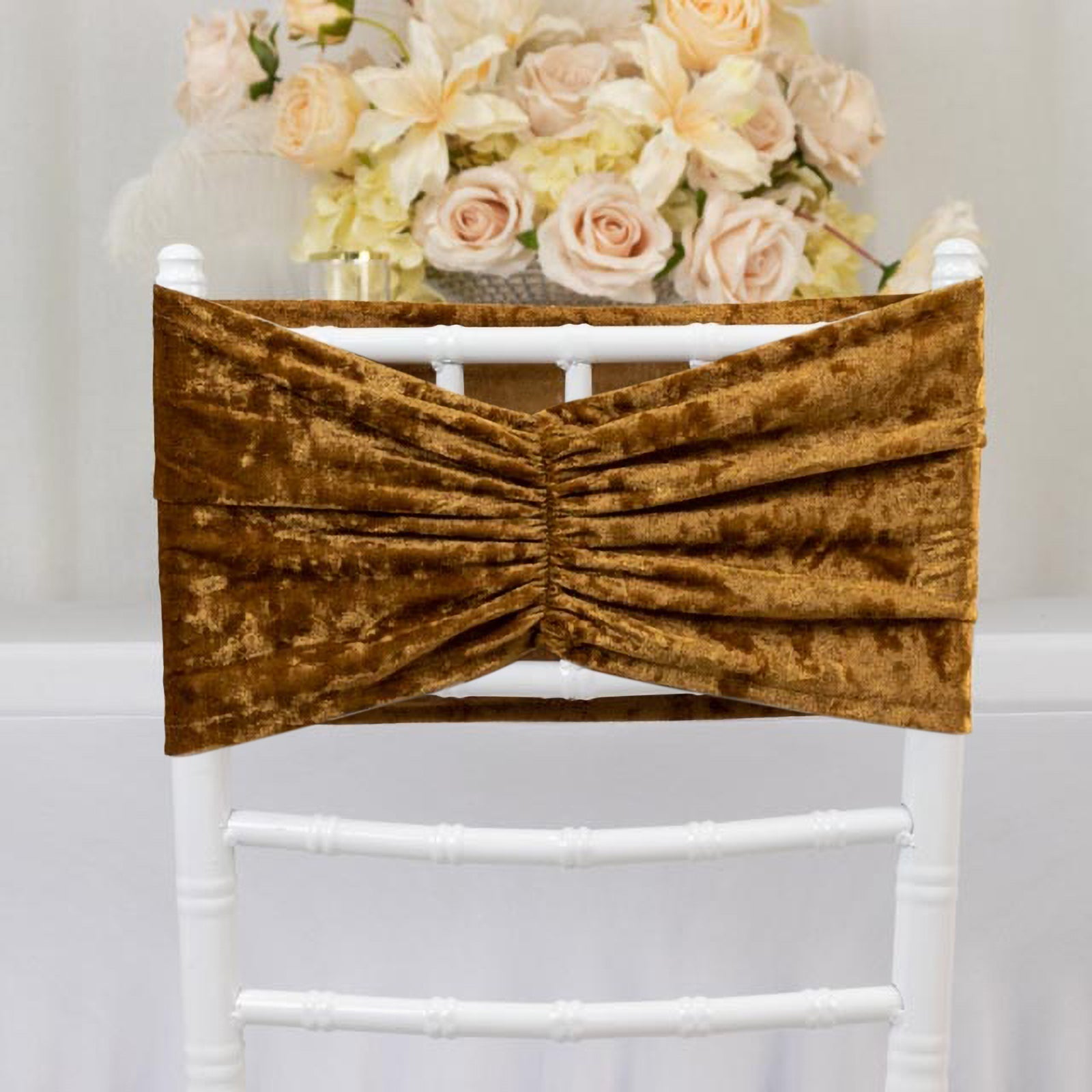 5 Pack Crushed Velvet Chair Bands Gold Wide Ruffle Style - Textured Chair Sashes for Stunning Event Decor - 8"x15" - Bell Racket Store