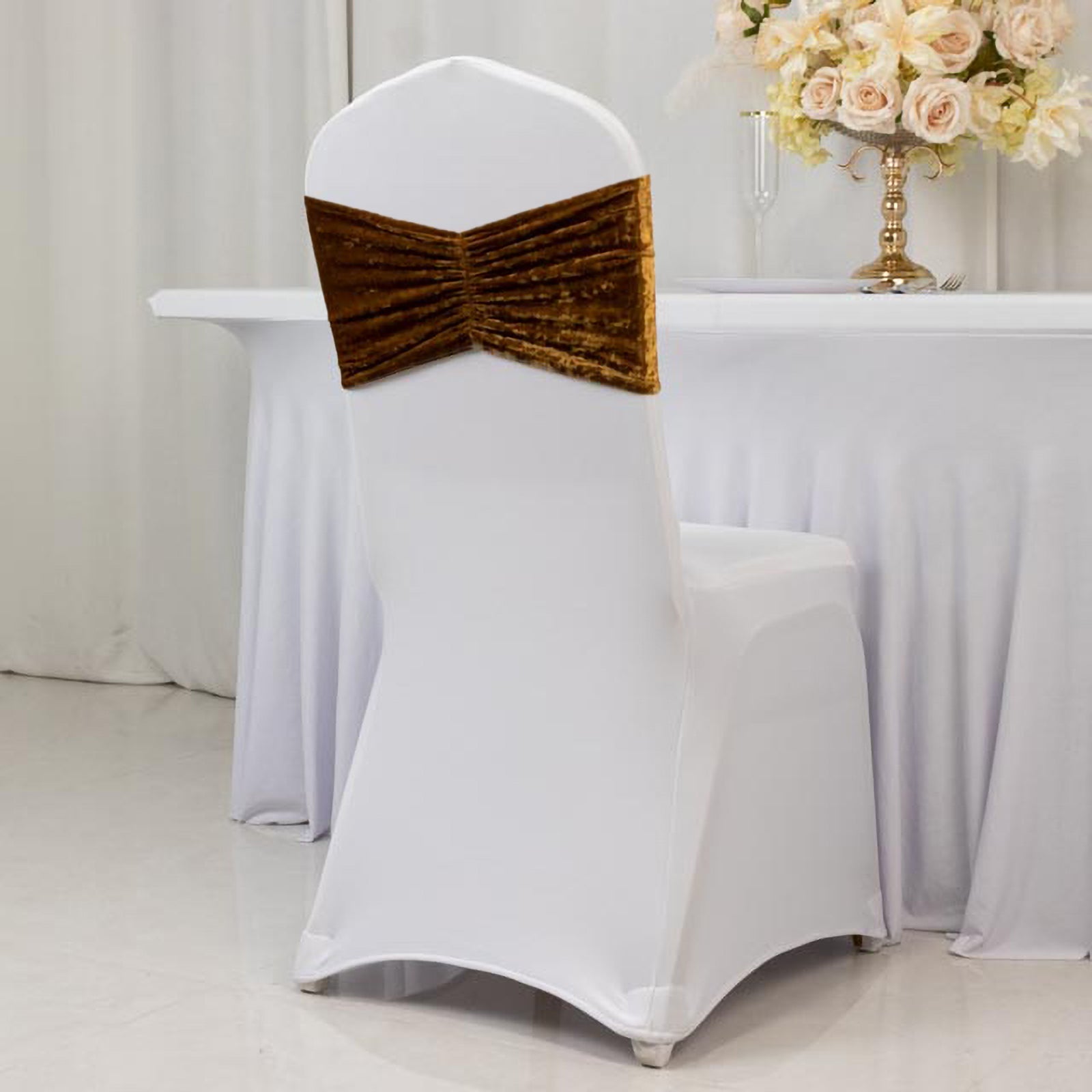5 Pack Crushed Velvet Chair Bands Gold Wide Ruffle Style - Textured Chair Sashes for Stunning Event Decor - 8"x15" - Bell Racket Store