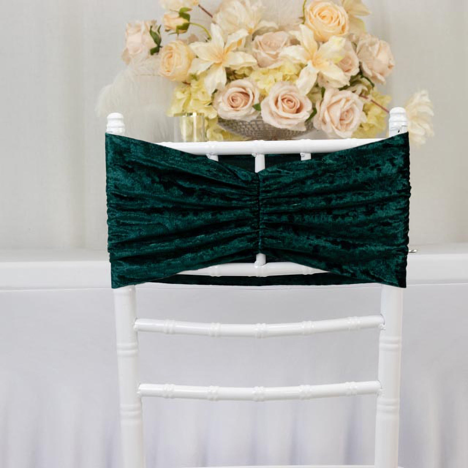 5 Pack Crushed Velvet Chair Bands Hunter Emerald Green Wide Ruffle Style - Textured Chair Sashes for Stunning Event Decor - 8"x15" - Bell Racket Store