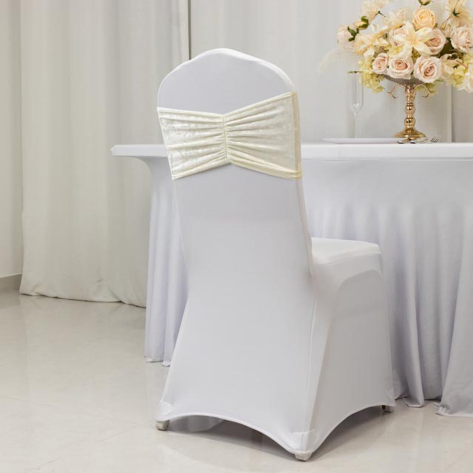 5 Pack Crushed Velvet Chair Bands Ivory Wide Ruffle Style - Textured Chair Sashes for Stunning Event Decor - 8"x15" - Bell Racket Store
