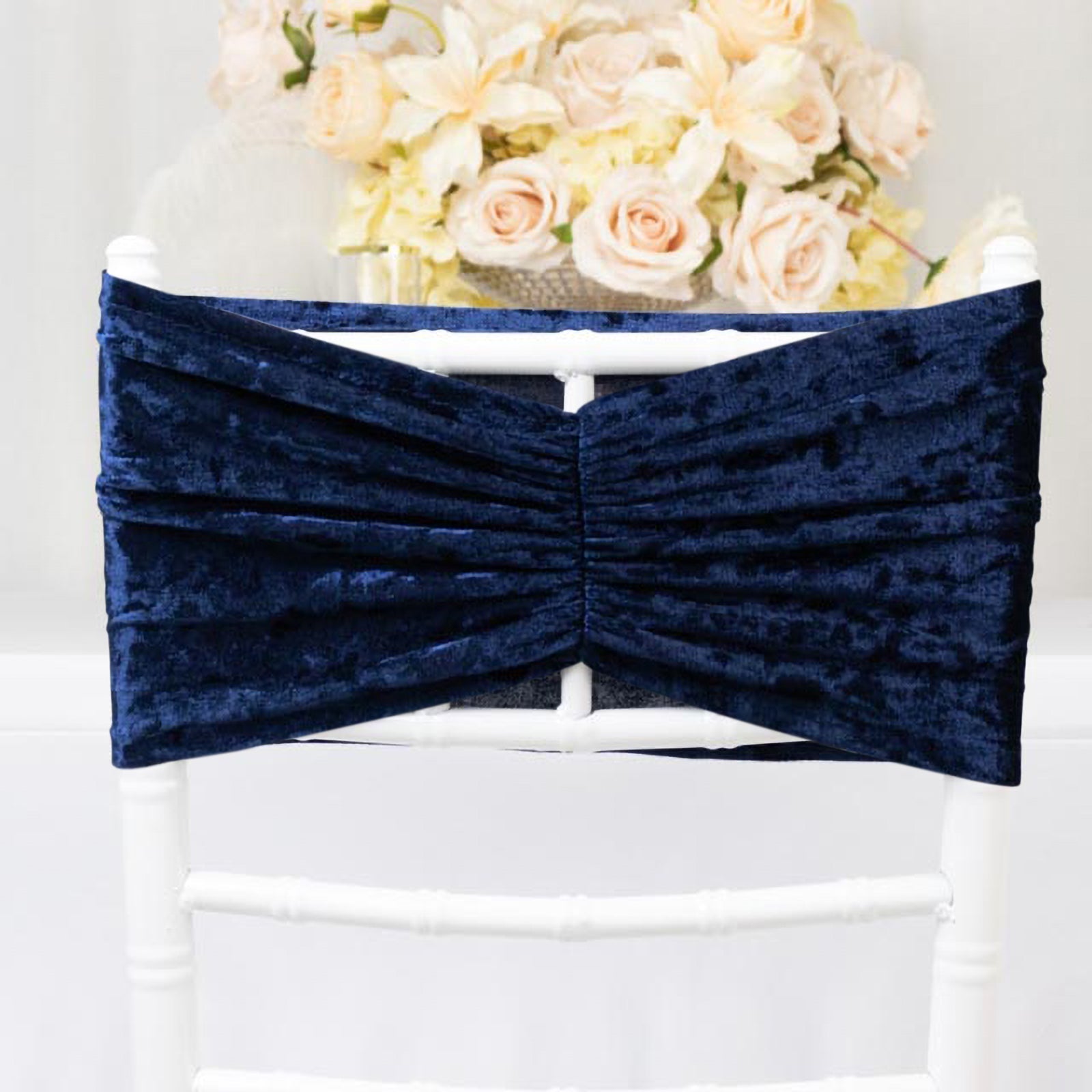 5 Pack Crushed Velvet Chair Bands Navy Blue Wide Ruffle Style - Textured Chair Sashes for Stunning Event Decor - 8"x15" - Bell Racket Store