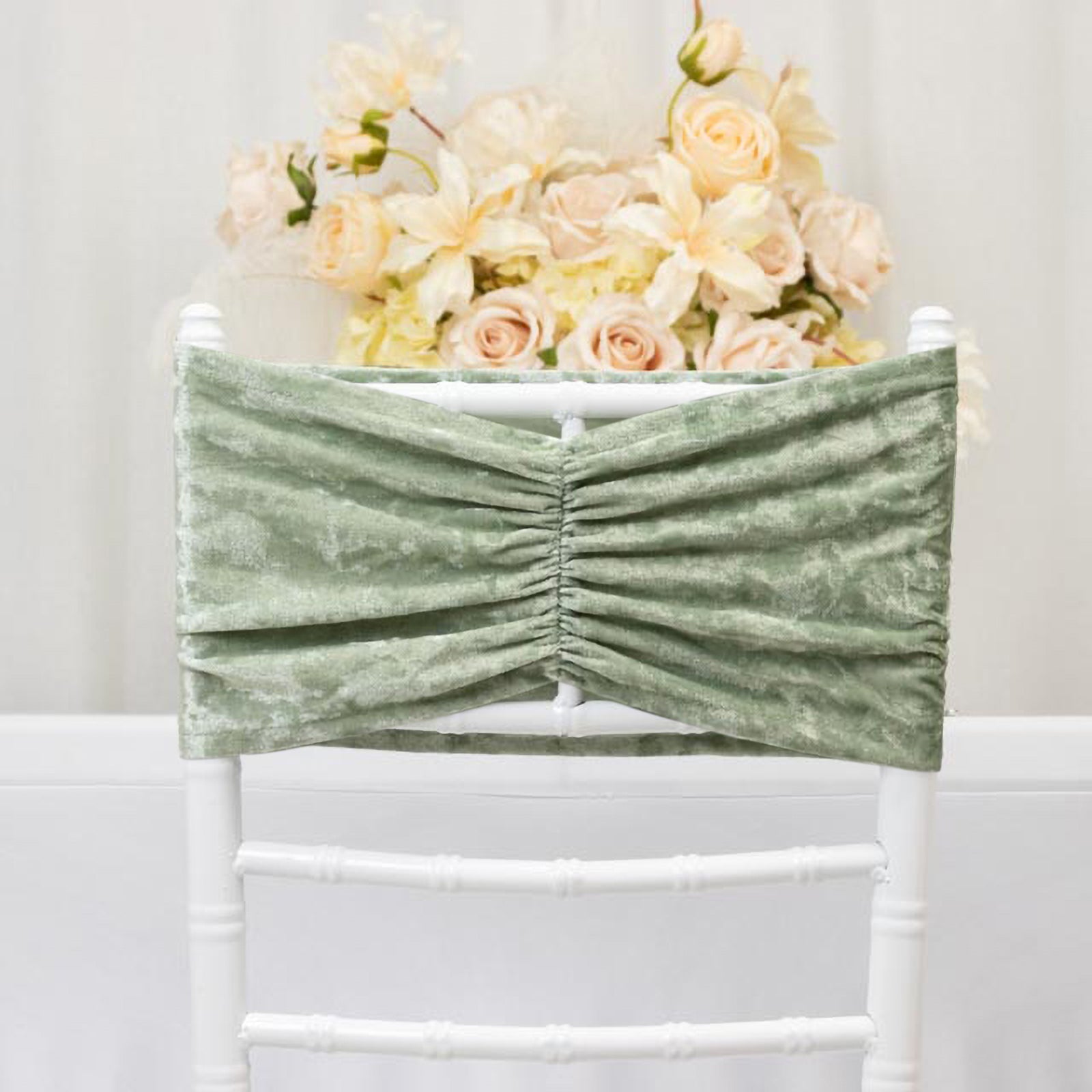 5 Pack Crushed Velvet Chair Bands Sage Green Wide Ruffle Style - Textured Chair Sashes for Stunning Event Decor - 8"x15" - Bell Racket Store