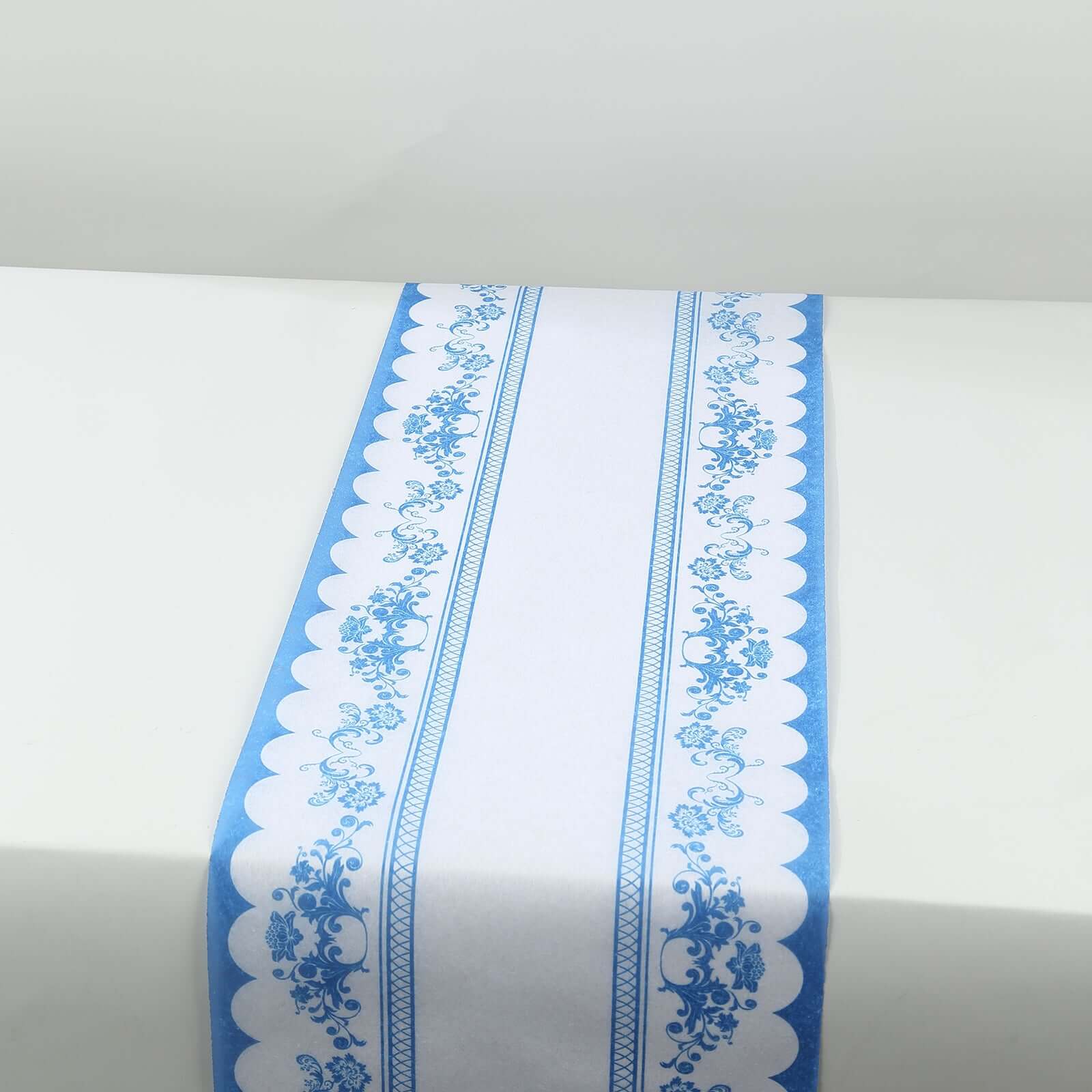 5 Pack Disposable Table Runners 11"x108" White with Blue Ornate Floral Prints - Non - woven Stylish Kitchen Dining Table Decor - Bell Racket Store