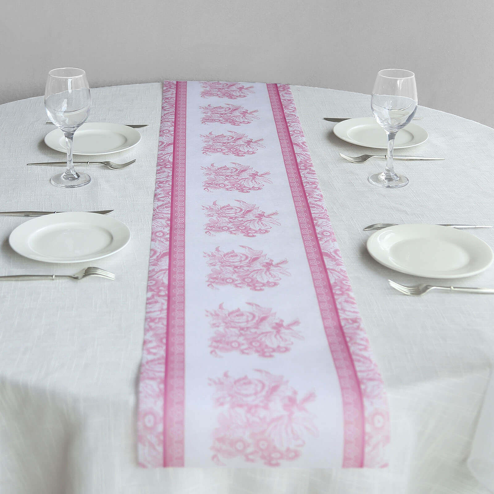 5 Pack Disposable Table Runners 11"x108" White with Pink Floral Pattern - Non - woven Stylish Kitchen Dining Table Decor - Bell Racket Store