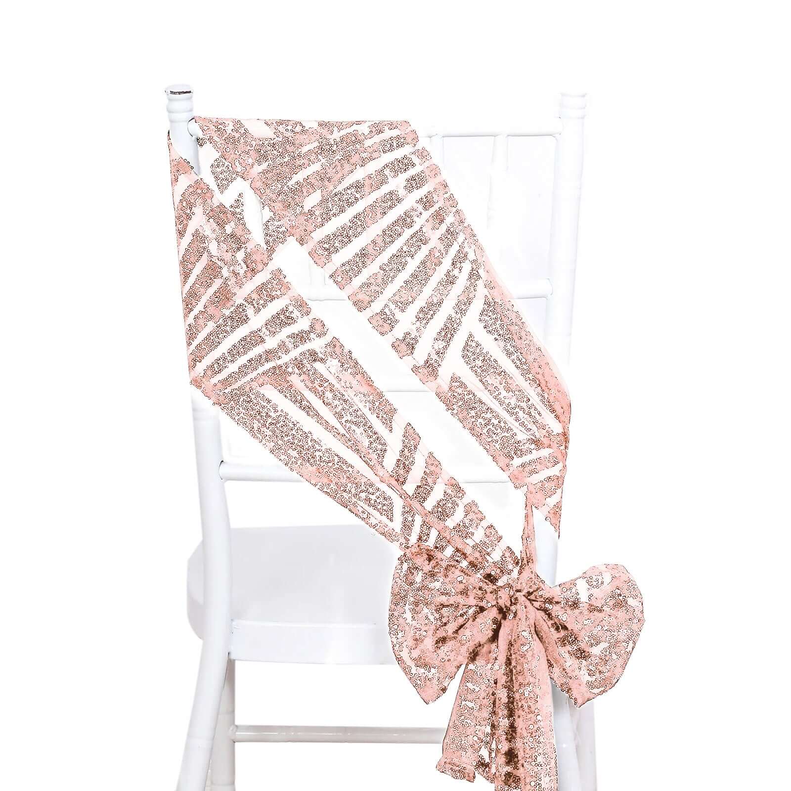 5 Pack Glitz Sequin Chair Sashes with Geometric Diamond Design 6"x88" Rose Gold - Bell Racket Store