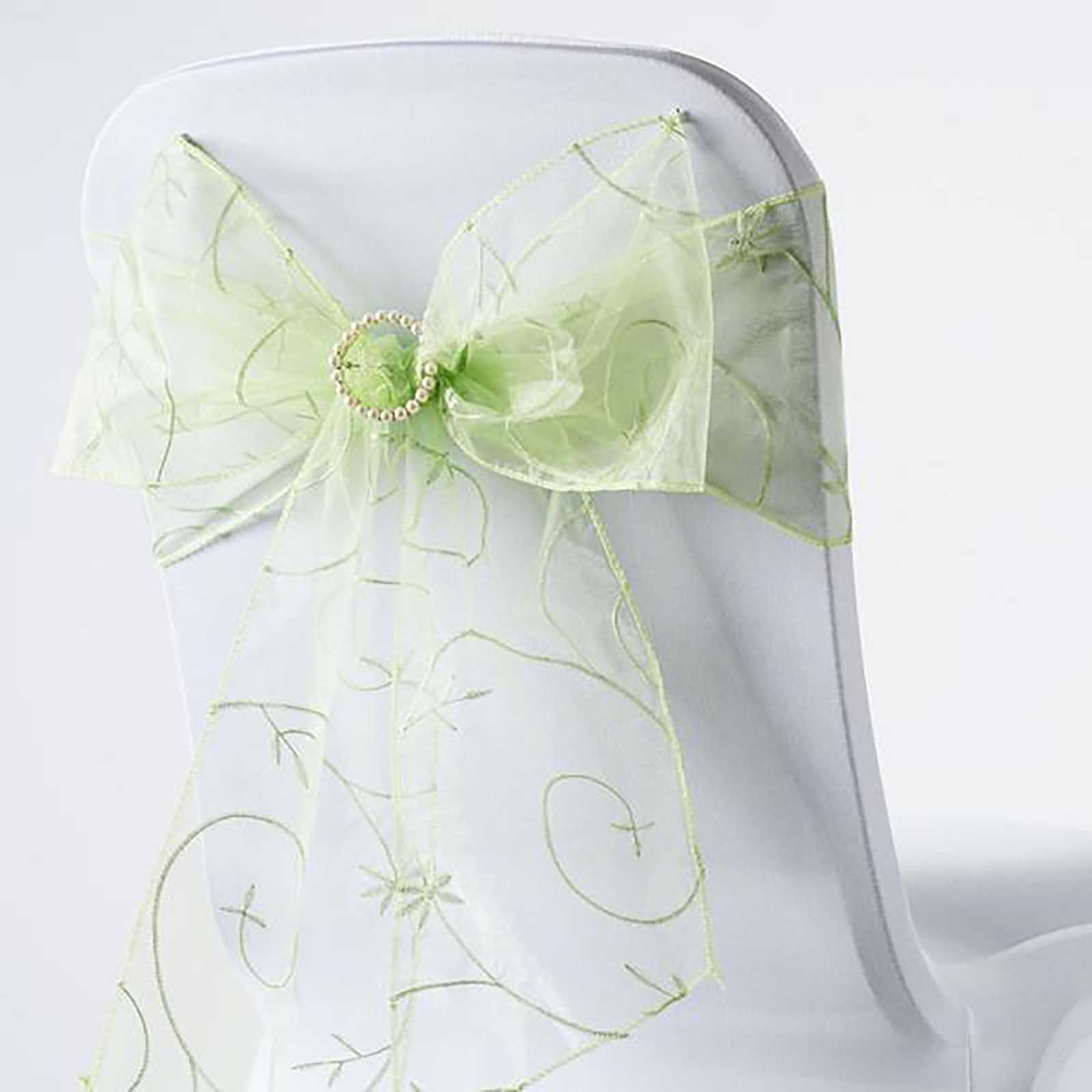 5 Pack Organza Chair Sashes with Satin Leaf Embroidery Apple Green - Reusable Sheer Design 7"x108"