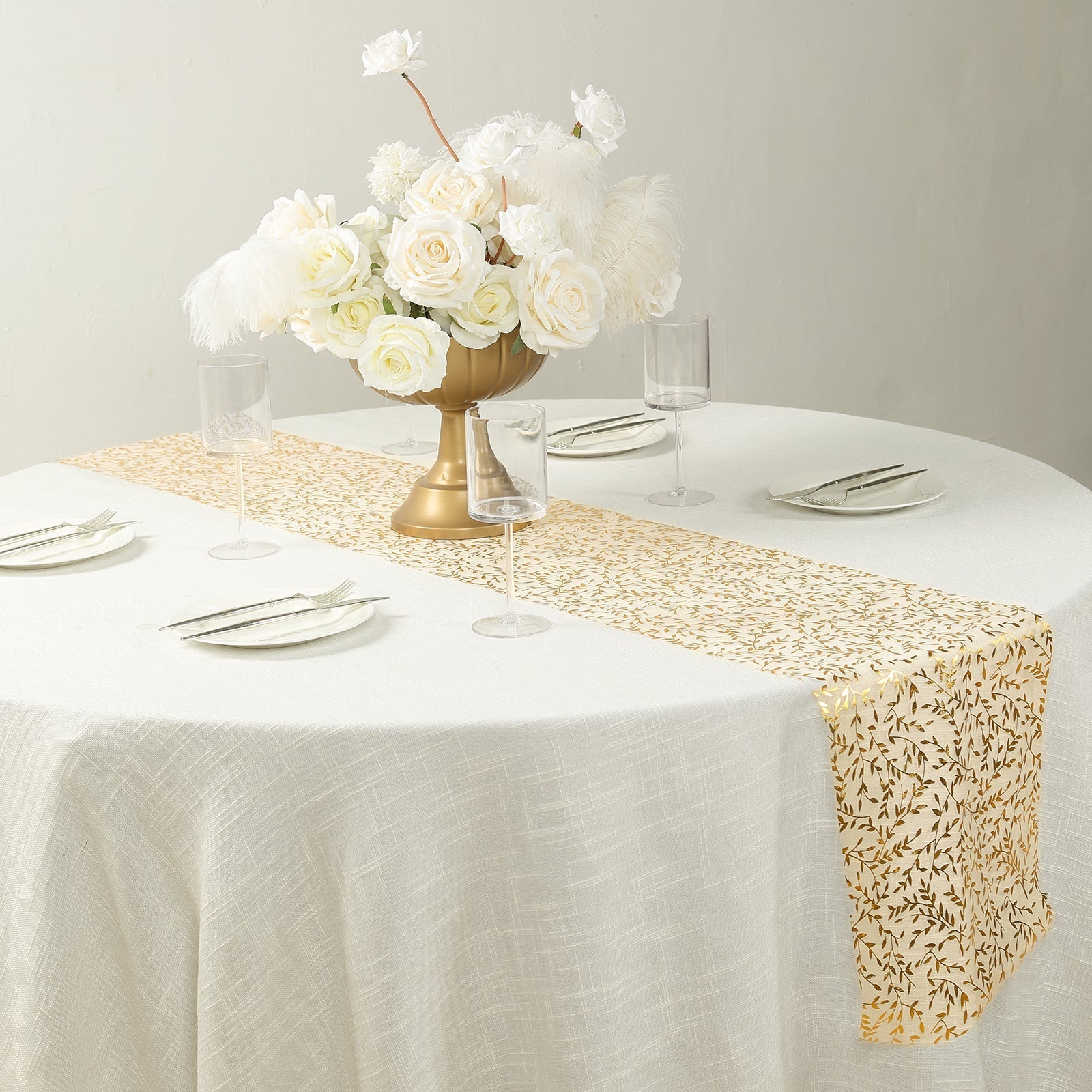 5 Pack Organza Mesh 11"x108" Table Runner Rolls White with Gold Foil Leaf Vines - Disposable Stylish & Chic Table Decor - Bell Racket Store
