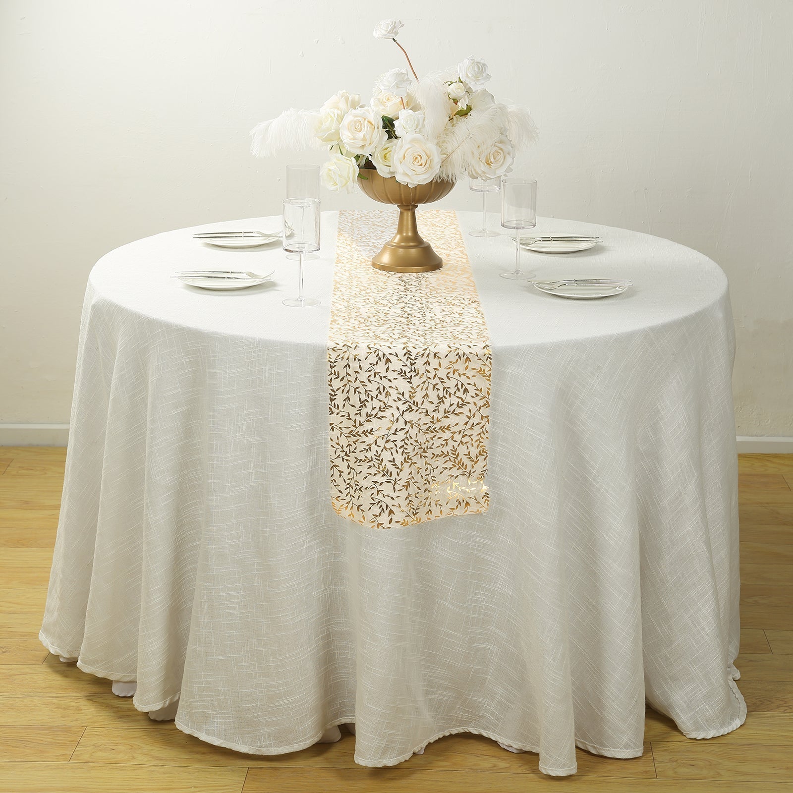 5 Pack Organza Mesh 11"x108" Table Runner Rolls White with Gold Foil Leaf Vines - Disposable Stylish & Chic Table Decor - Bell Racket Store