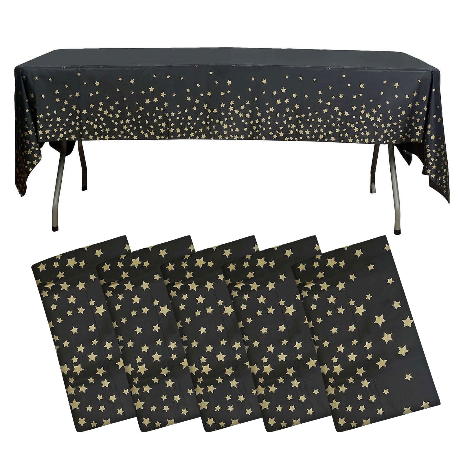 5 - Pack Plastic Table Covers Black Rectangle with Gold Stars - Decorative PVC Disposable Tablecloths 54"x108" - Bell Racket Store