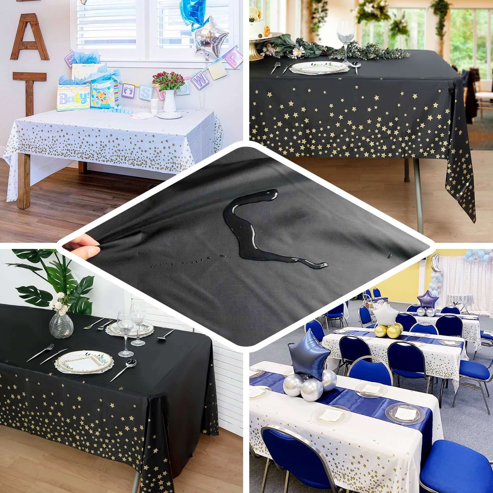5 - Pack Plastic Table Covers Black Rectangle with Gold Stars - Decorative PVC Disposable Tablecloths 54"x108" - Bell Racket Store
