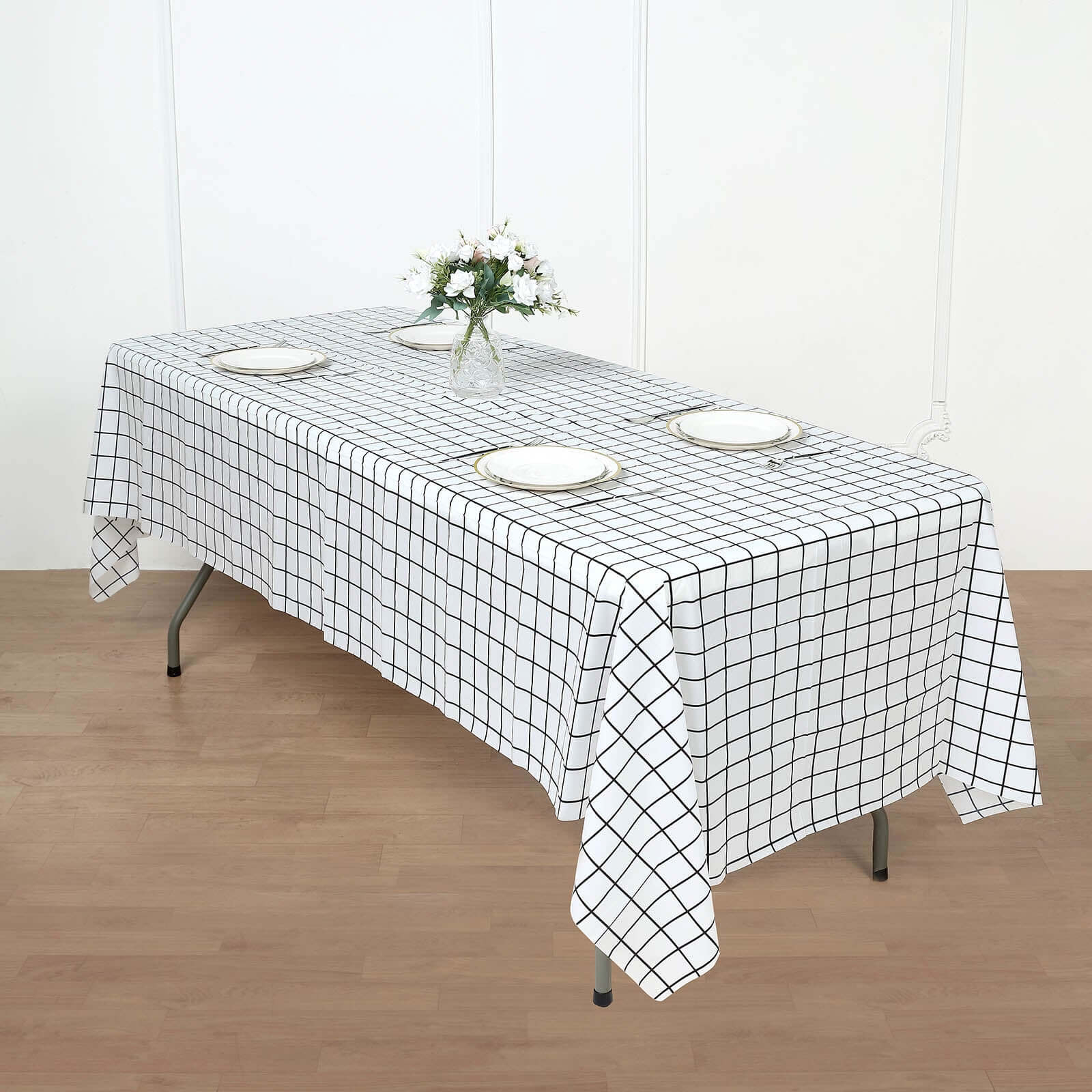 5 - Pack Plastic Table Covers Black/White Grid Rectangle - Durable Checkered PVC Disposable Tablecloths 54"x108" - Bell Racket Store