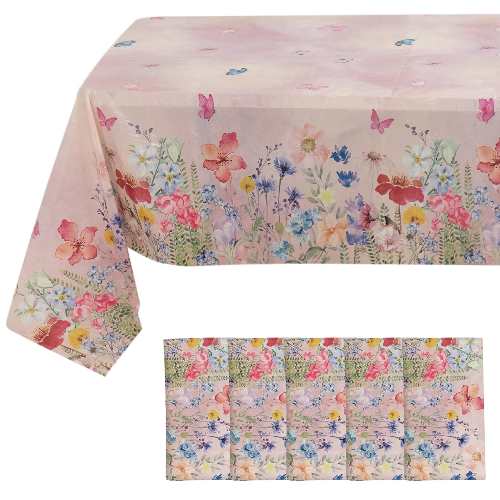 5 - Pack Plastic Table Covers Blush Rectangle with Butterfly Floral Print - Decorative PVC Disposable Covers 54"x108" - Bell Racket Store