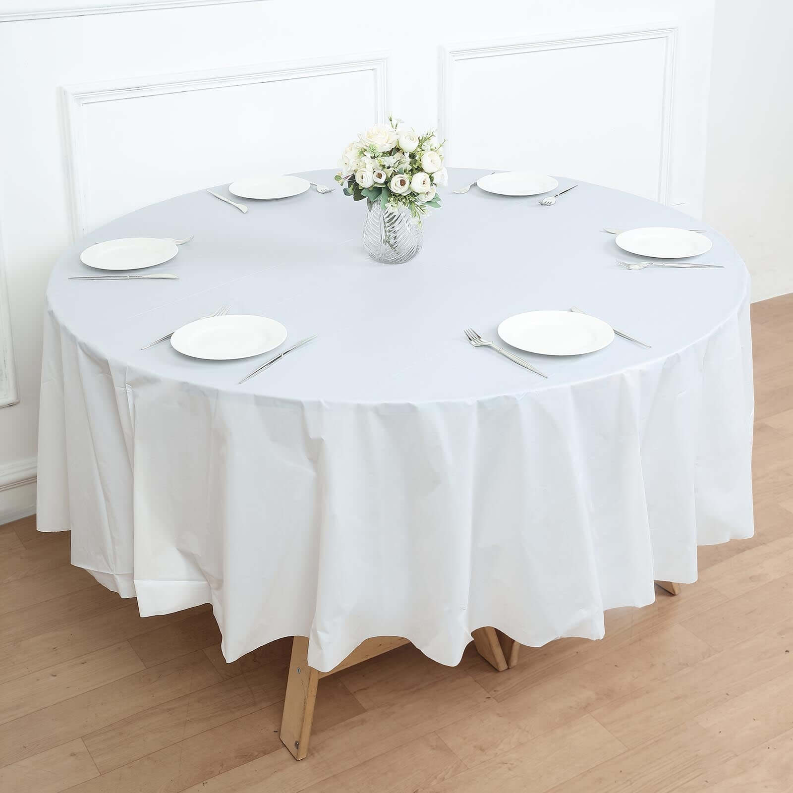 5 - Pack Plastic Table Covers White Round - Durable PVC Disposable Tablecloths for Events 84" - Bell Racket Store