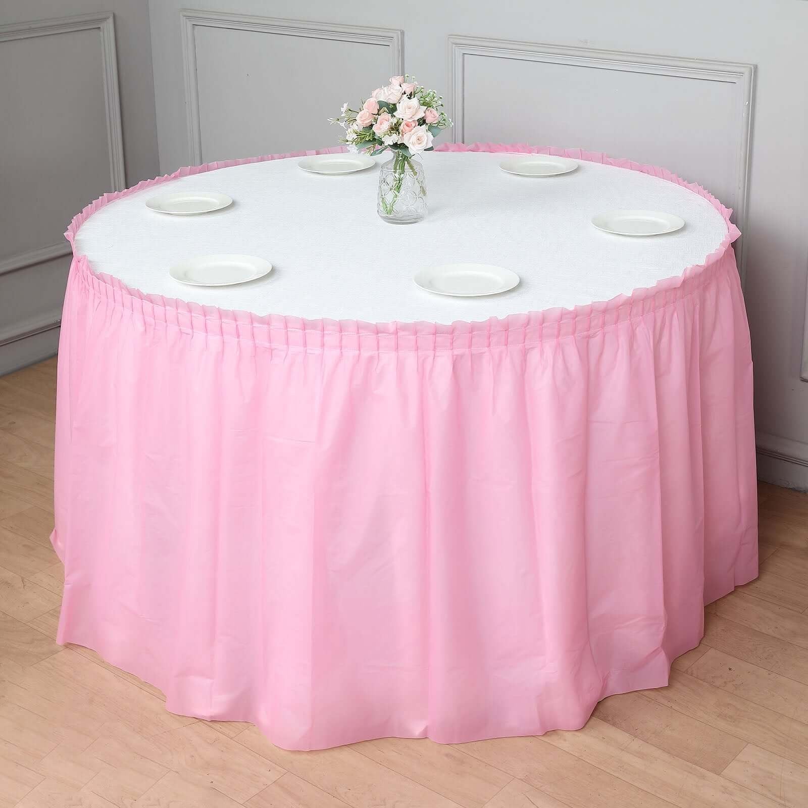 5 Pack Plastic Table Skirts Pink Ruffled - Durable Disposable Skirts for Events 14ft - Bell Racket Store