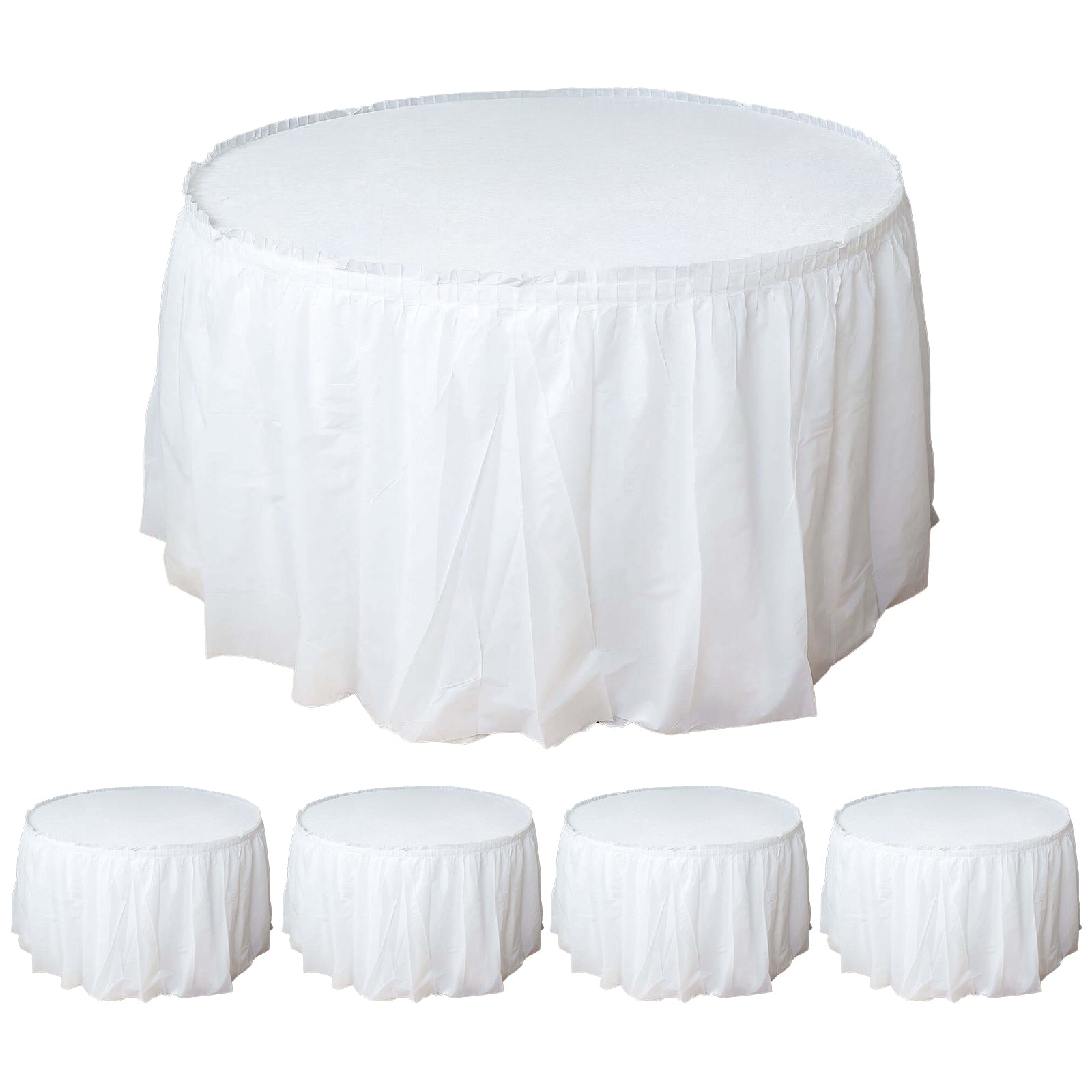 5 Pack Plastic Table Skirts White Ruffled - Durable Disposable Skirts for Events 14ft - Bell Racket Store