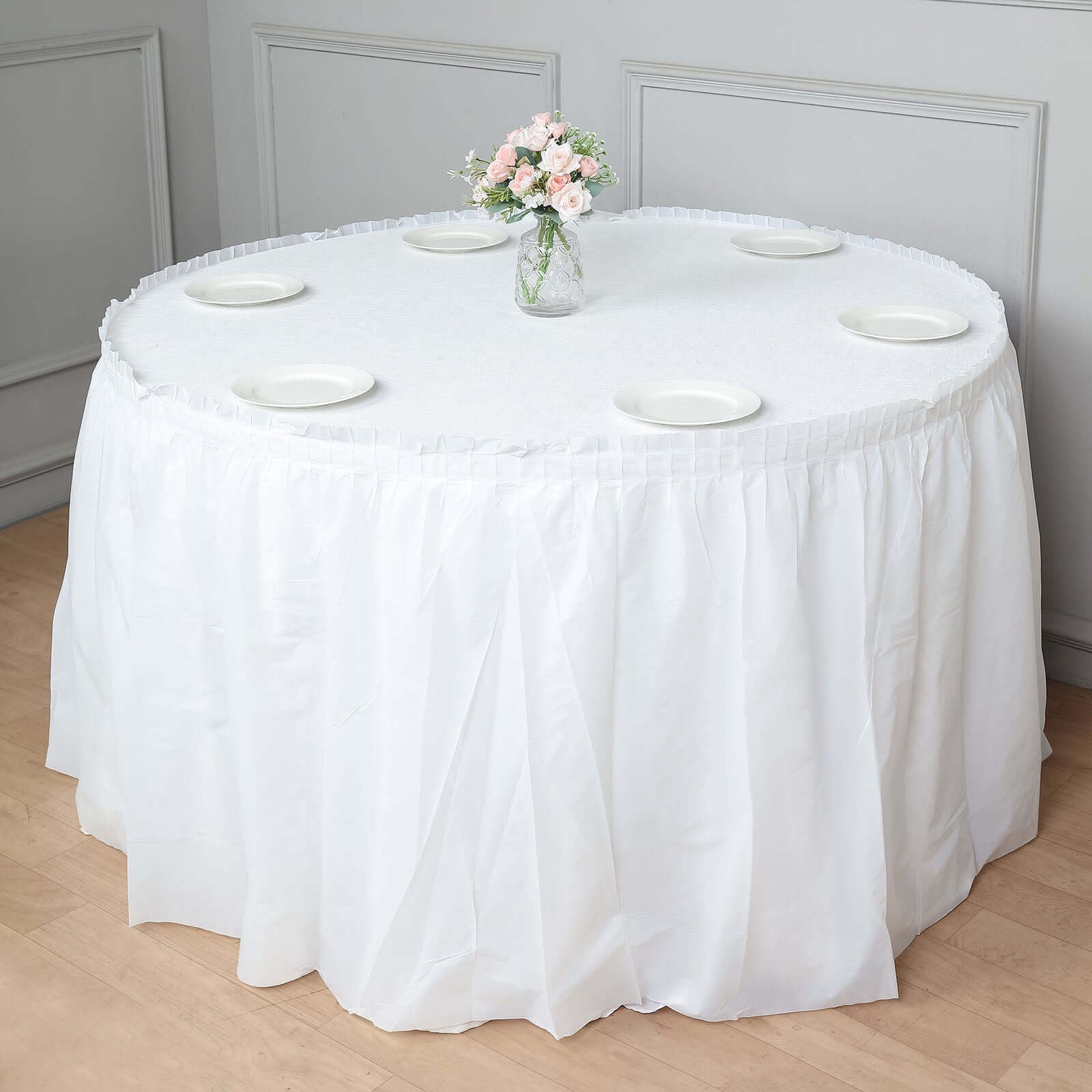 5 Pack Plastic Table Skirts White Ruffled - Durable Disposable Skirts for Events 14ft - Bell Racket Store