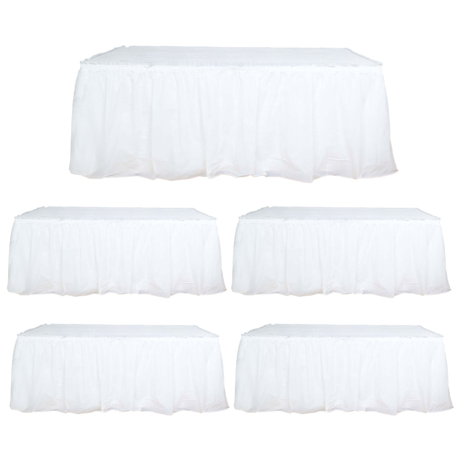 5 Pack Plastic Table Skirts White Ruffled - Durable Disposable Skirts for Events 14ft - Bell Racket Store