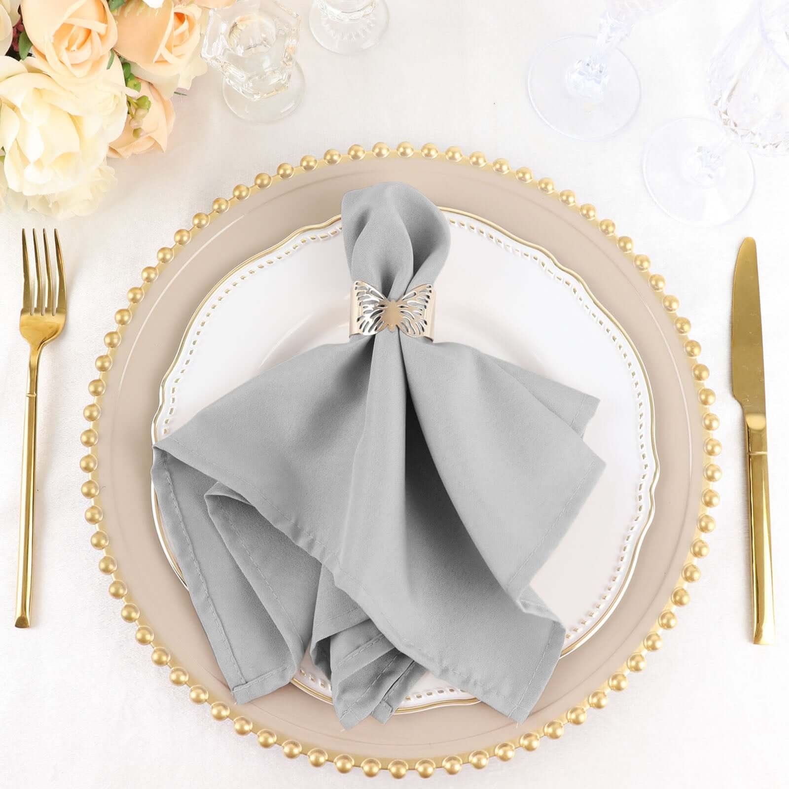 5 Pack Polyester 17"x17" Napkins Silver - Durable & Wrinkle Resistant Dinner Napkins