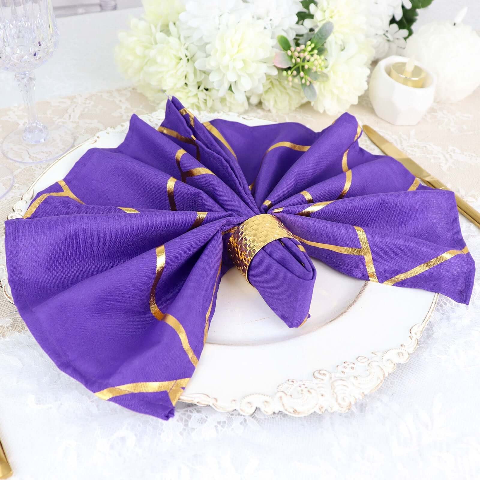 5 Pack Polyester 20"x20" Napkins Purple with Gold Geometric Foil Pattern - Modern Reusable Dinner Napkins - Bell Racket Store
