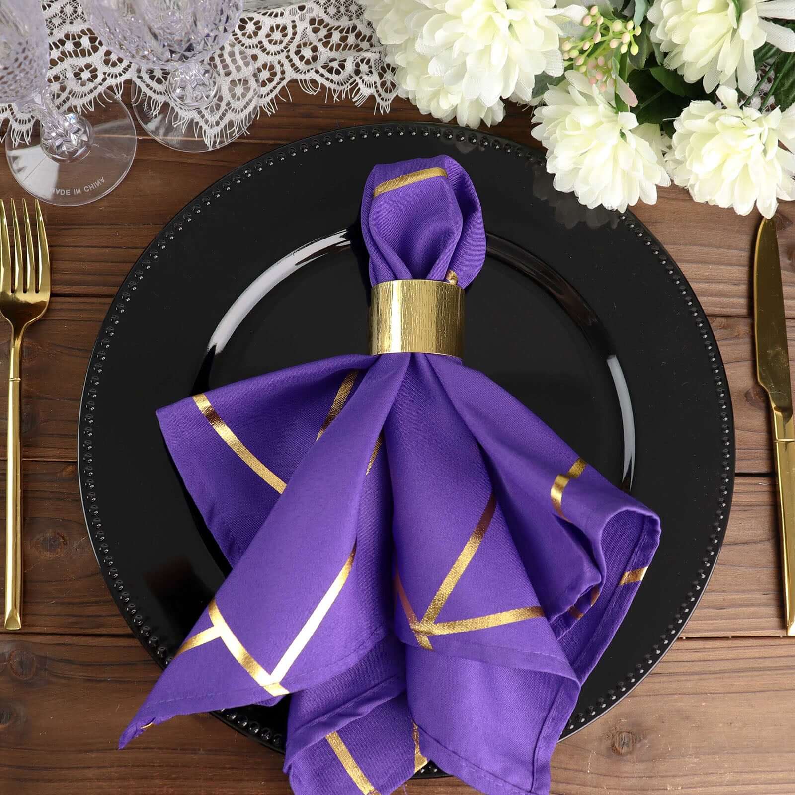 5 Pack Polyester 20"x20" Napkins Purple with Gold Geometric Foil Pattern - Modern Reusable Dinner Napkins - Bell Racket Store
