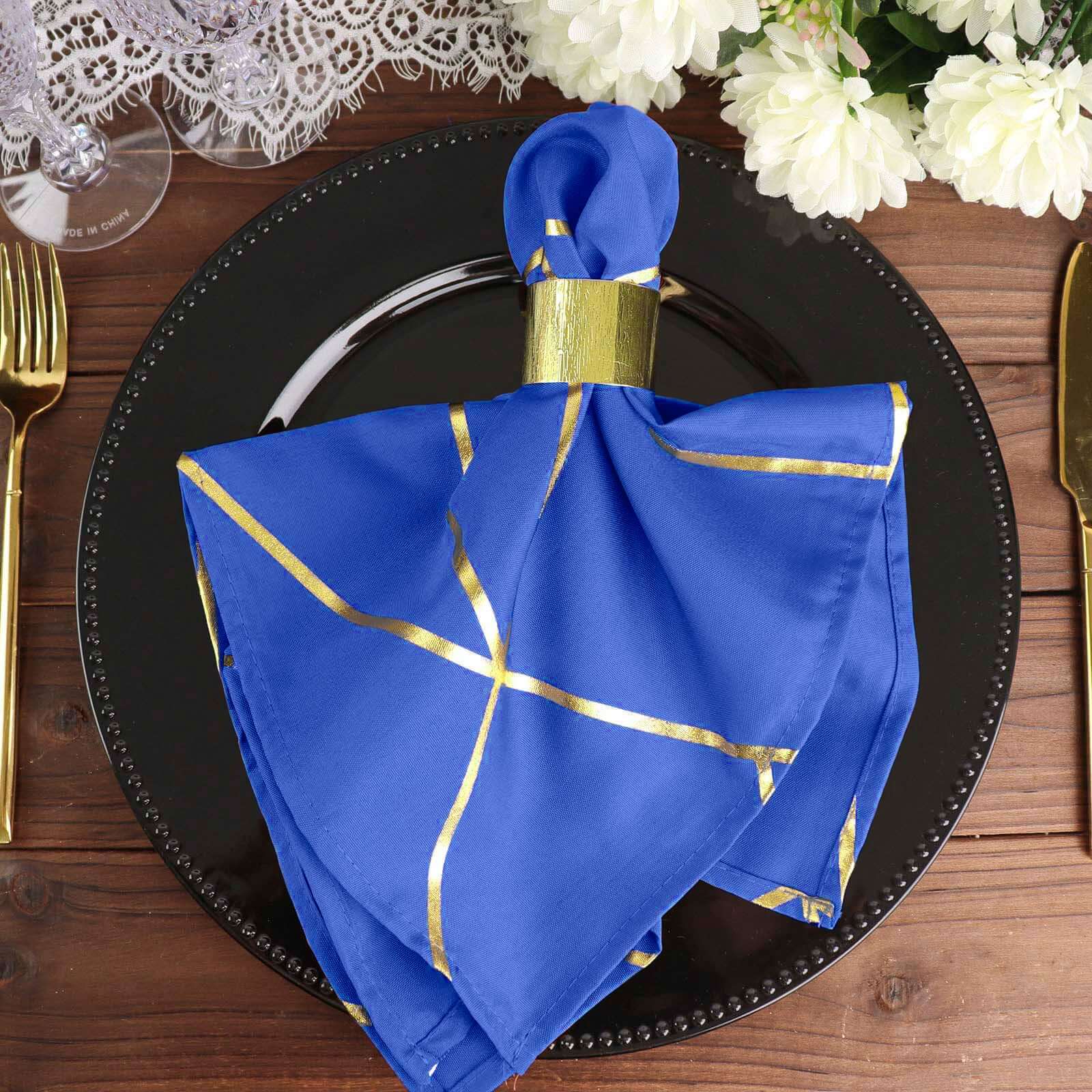 5 Pack Polyester 20"x20" Napkins Royal Blue with Gold Geometric Foil Pattern - Modern Reusable Dinner Napkins - Bell Racket Store