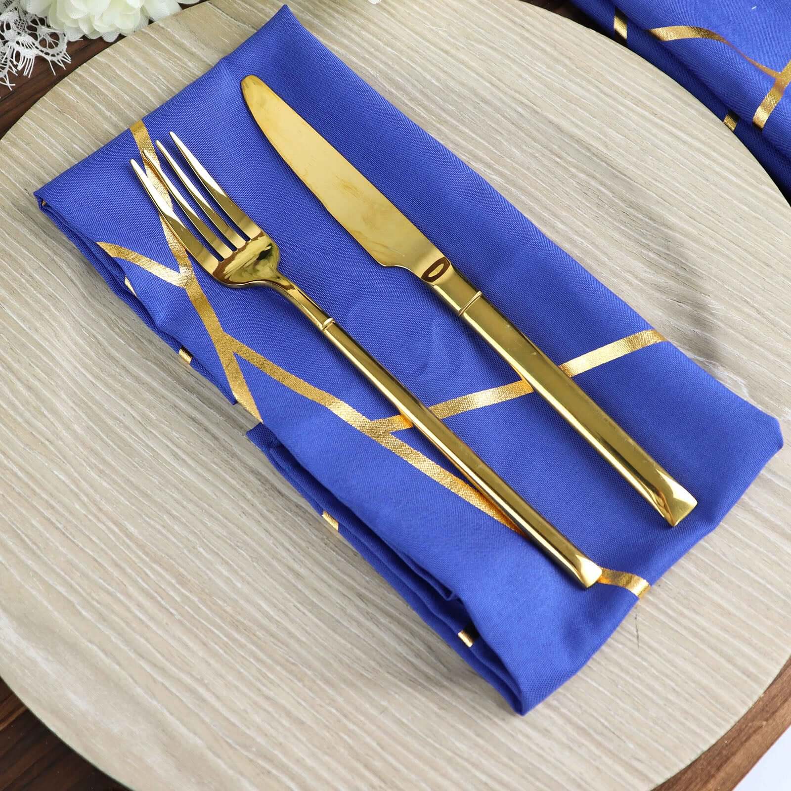 5 Pack Polyester 20"x20" Napkins Royal Blue with Gold Geometric Foil Pattern - Modern Reusable Dinner Napkins - Bell Racket Store